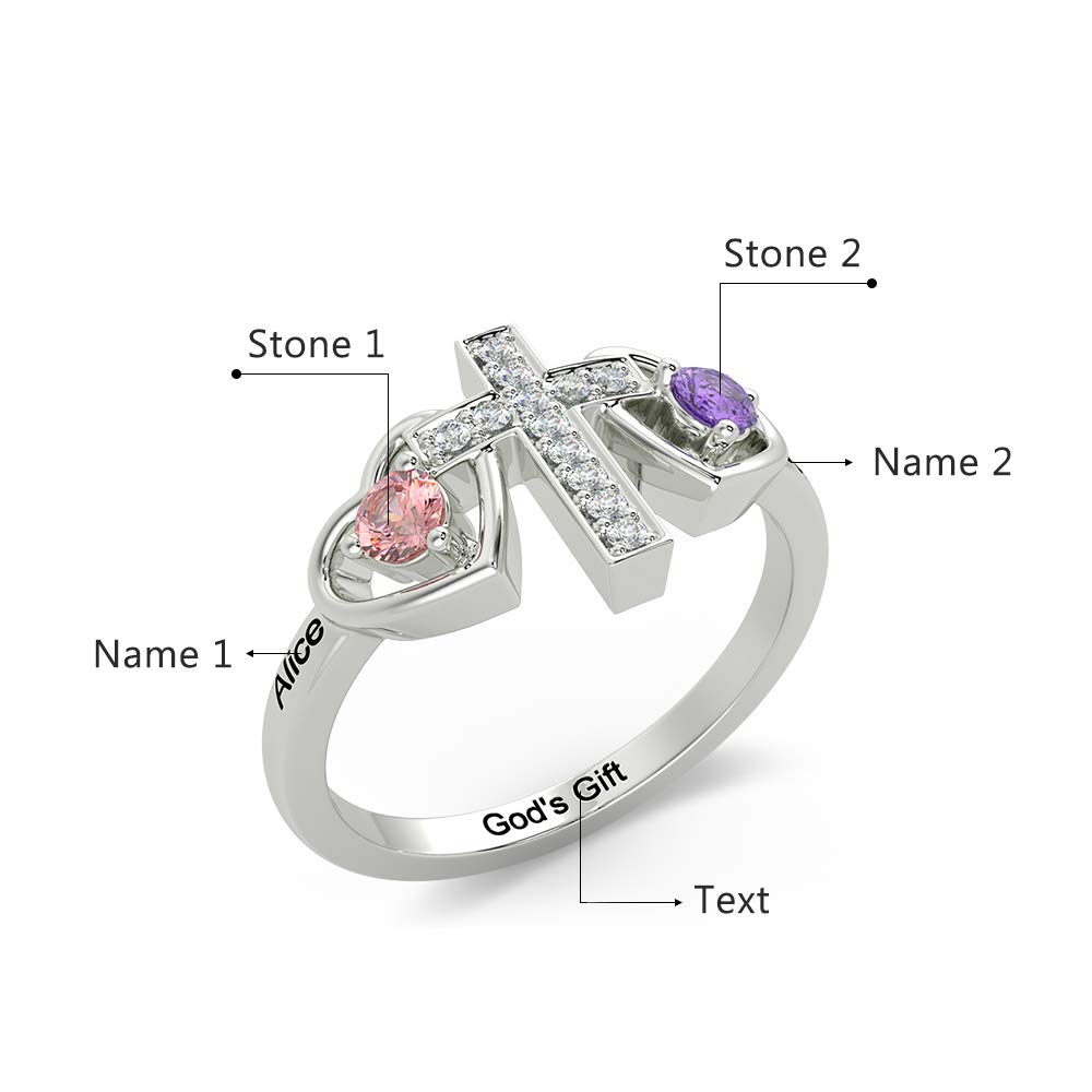 Personalized Promise Rings for Women - Custom Name & 2 Simulated Birthstones Sterling Silver Rings - Mother's Day Gift, Anniversary Jewelry, Wedding Band Alternative