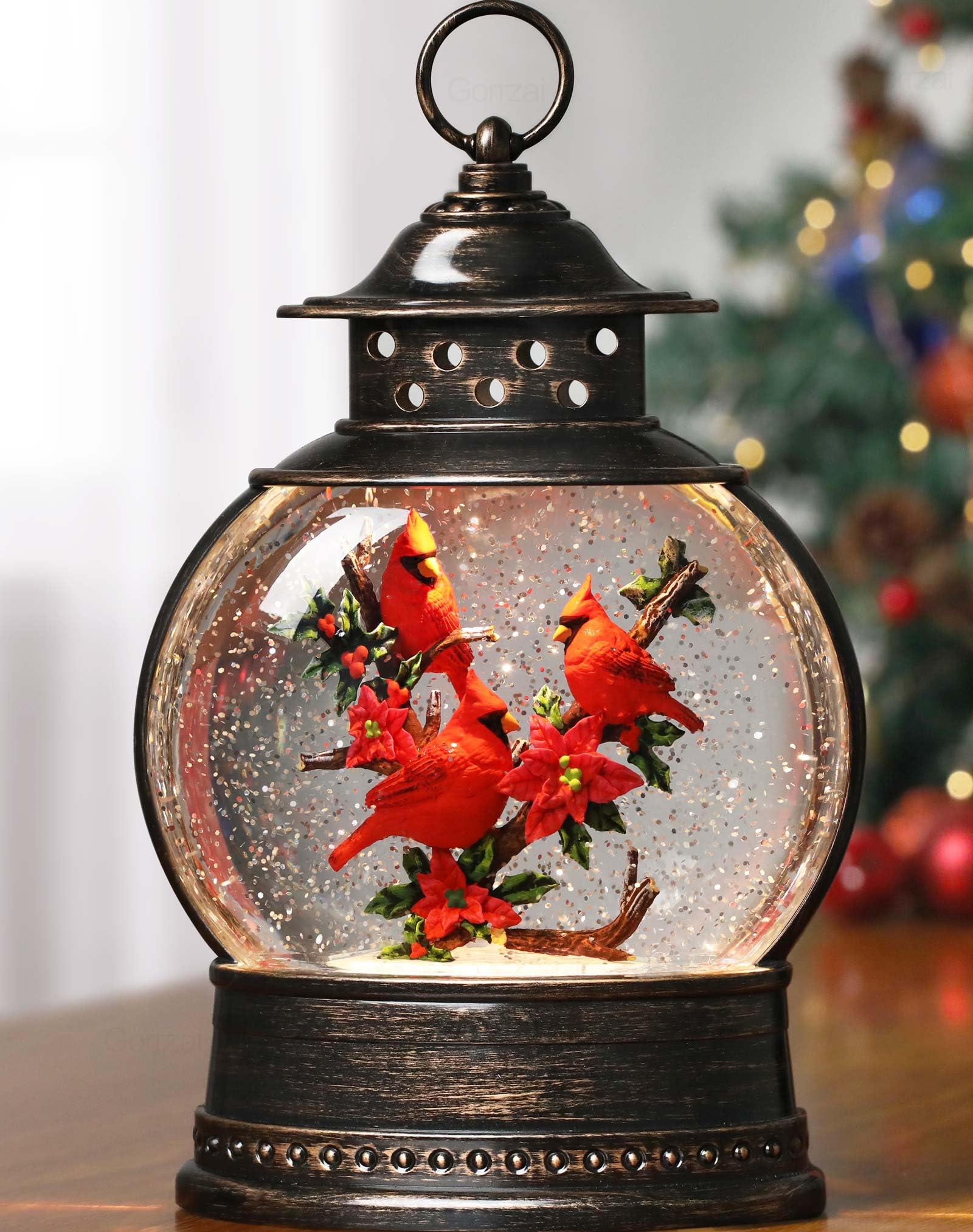 12 Inch Cardinal Snow Globe Lantern - LED Lighted Christmas Decor with Music & Timer, Swirling Glitter Cardinals for Indoor Holiday Decorations (USB/Battery Powered, 2024 Upgraded Large Size) - Perfect for Mantel, Tabletop, or Christmas Tree Decor