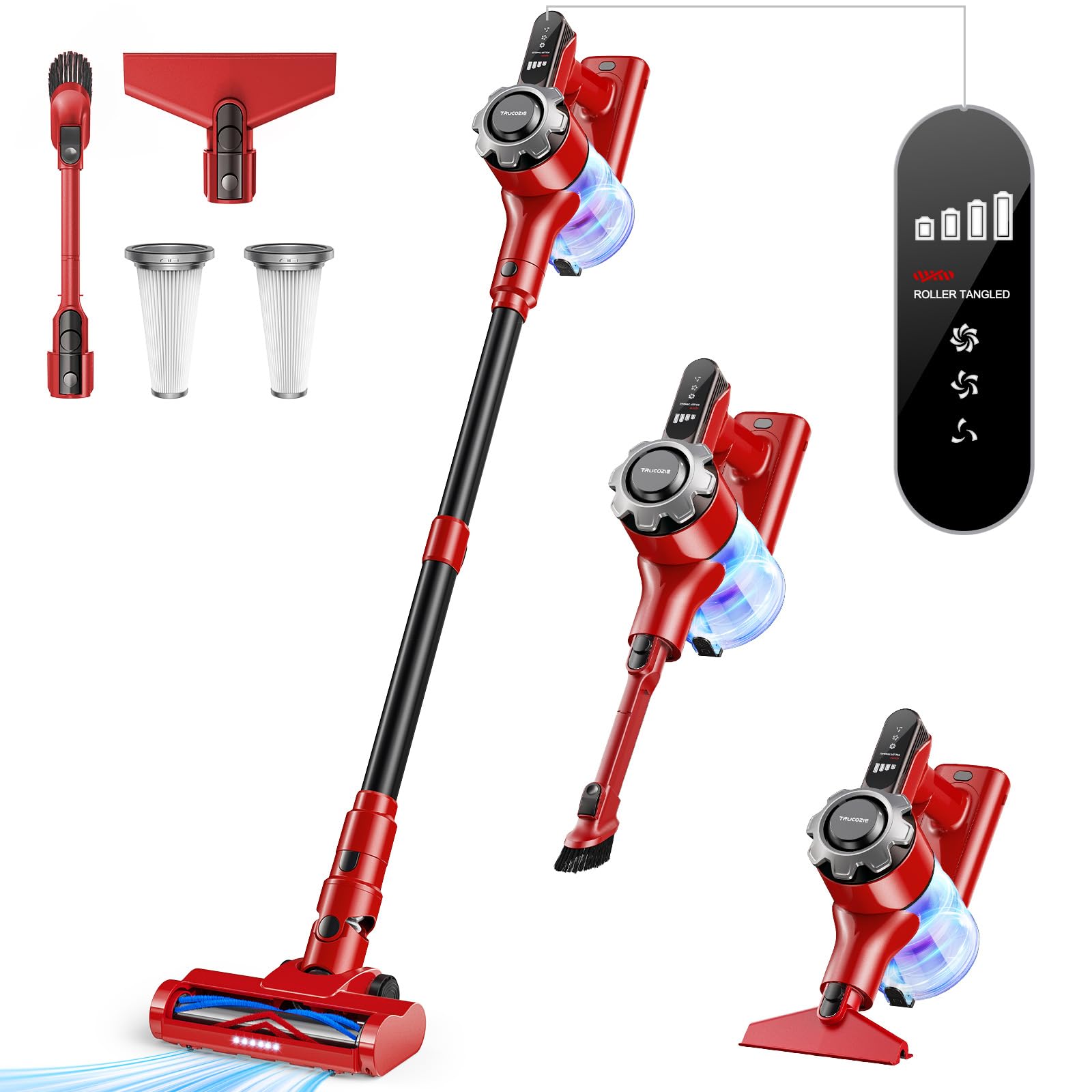 8-in-1 Cordless Vacuum Cleaner with 45min Runtime - Powerful Suction Rechargeable Stick Vacuum for Carpet, Tile, Hardwood Floors & Pet Hair - Lightweight Red Vacuum for Home Cleaning & Car Detailing