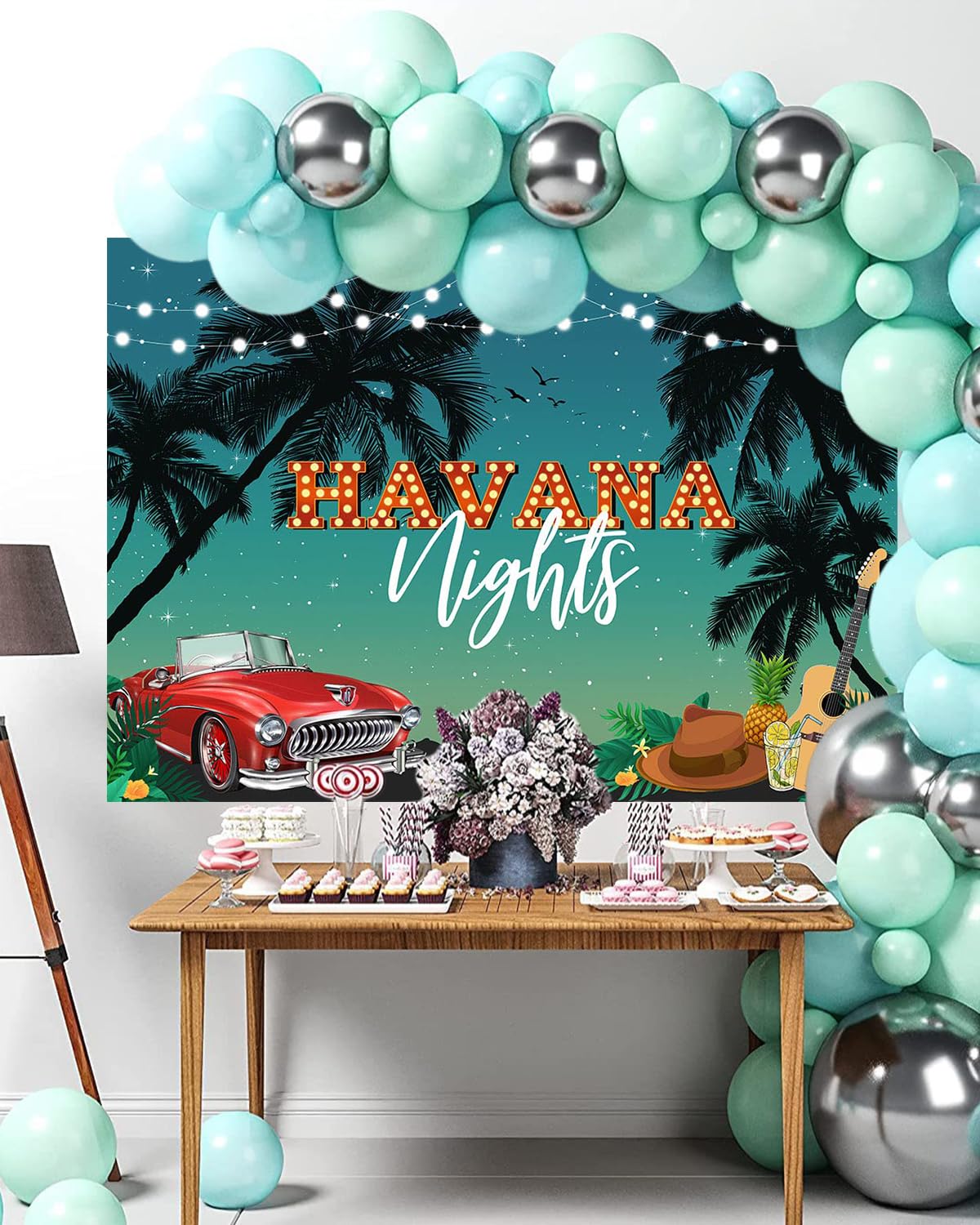 Premium 8x6ft Havana Nights Backdrop - Tropical Palm Sunset & Hawaiian Beach Photography Background for Cuban Parties, Cake Tables, Photo Props | Perfect for Summer Events, Themed Decor, and Social Media Content