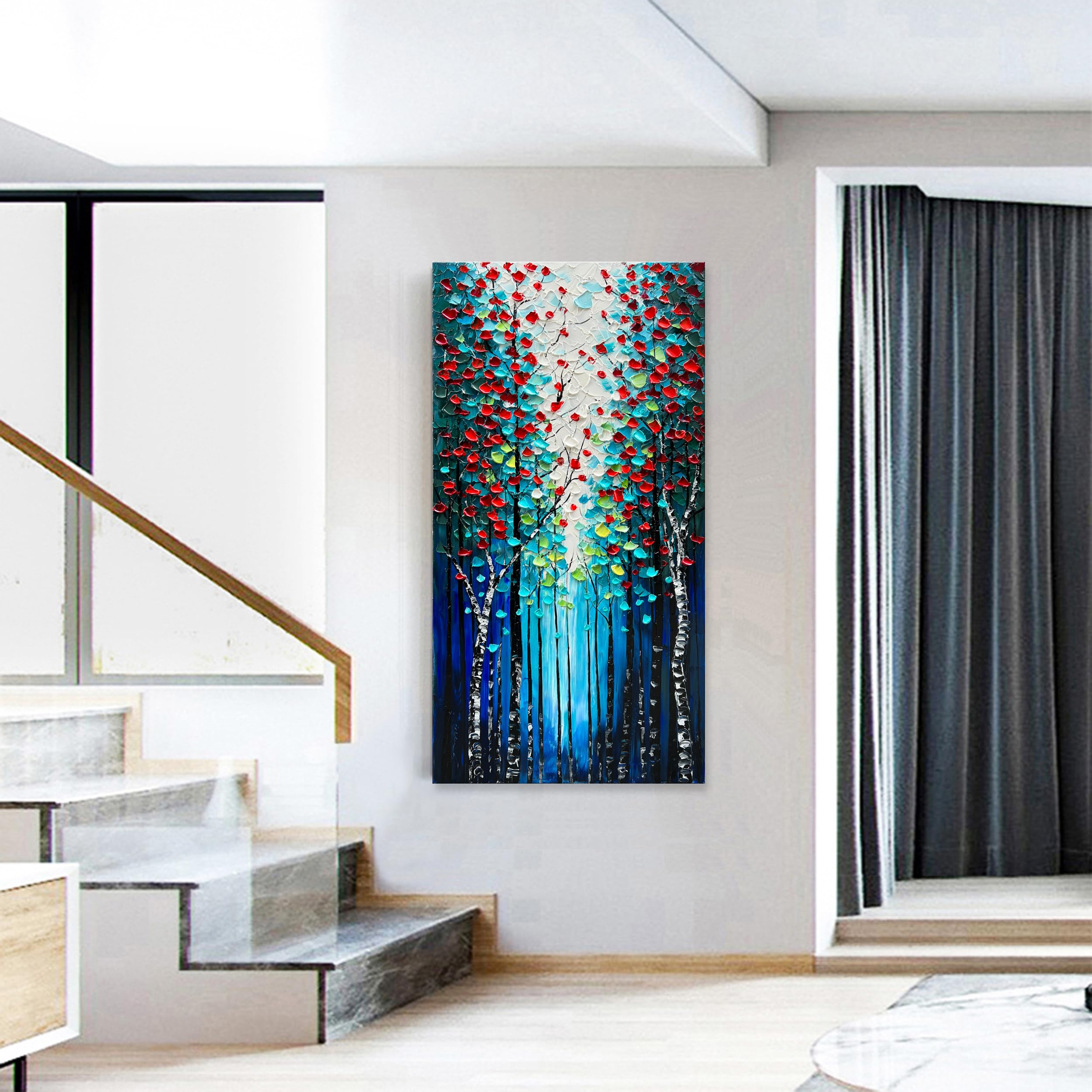 Hand Painted Forest Landscape Oil Painting - Dark Blue Vertical Canvas Wall Art 46x23 Inch - Home Decor for Living Room, Bedroom & Office