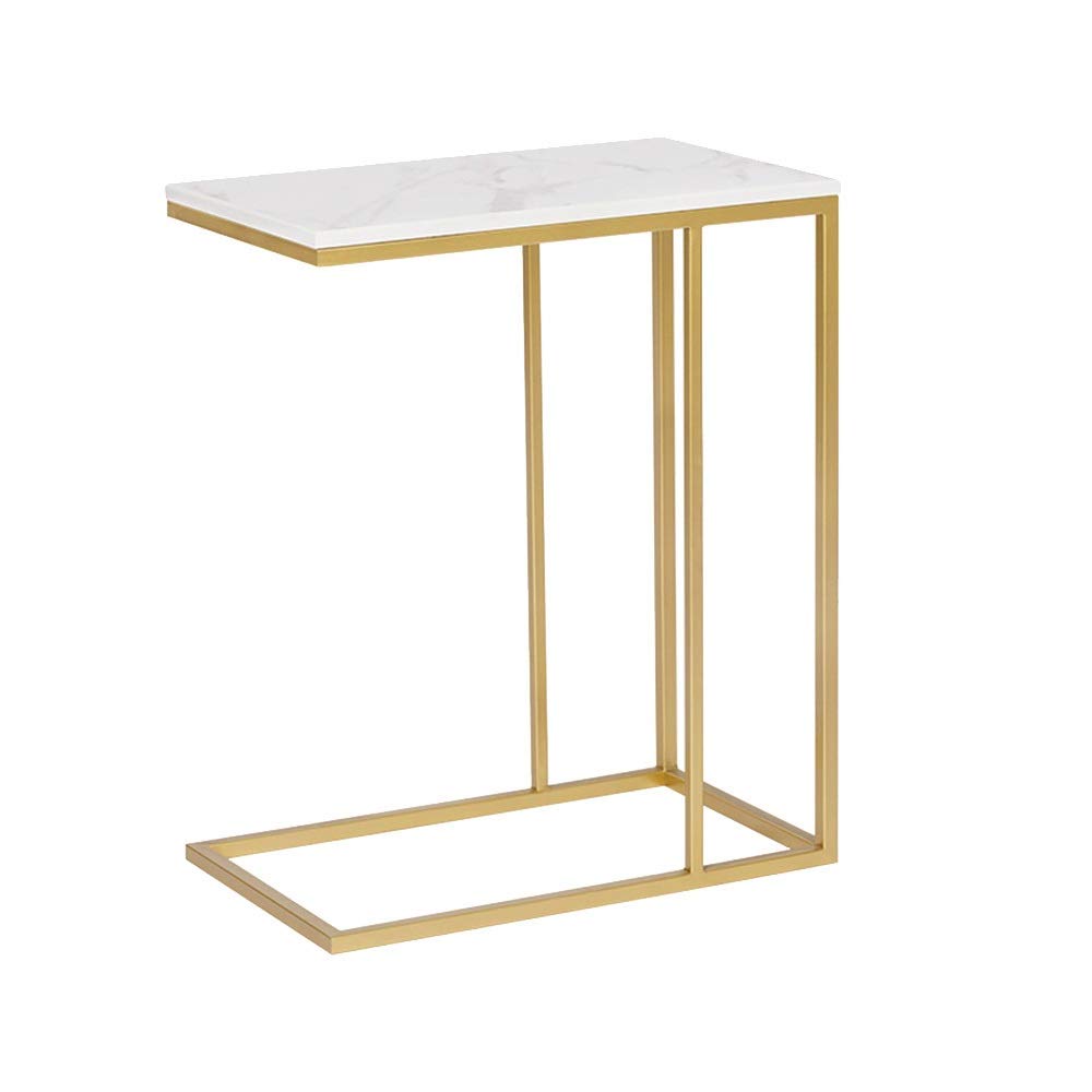 WFF C-Shaped Side Table with Marble Top - White Sofa Laptop Table for Coffee & Snacks (50x30x58cm) - Perfect for Living Room, Bedroom & Office Workspace