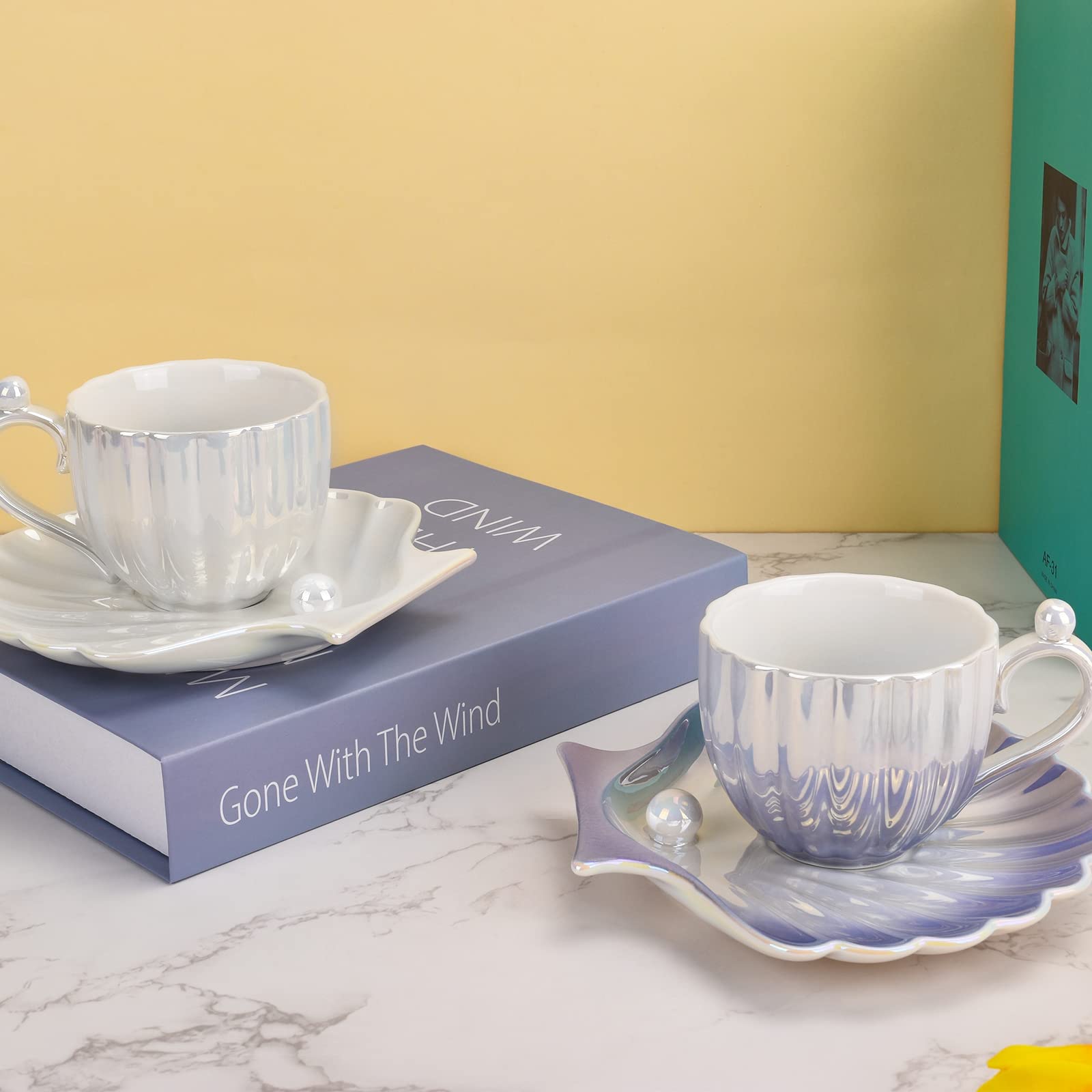 Premium Koythin Ceramic Coffee Mug with Saucer - Elegant Pearl Shell Design, 6.5 oz (200ml) Tea & Latte Cup for Office, Home, Gifts - Gradient Purple - Perfect for Morning Coffee, Afternoon Tea, and Cozy Relaxation