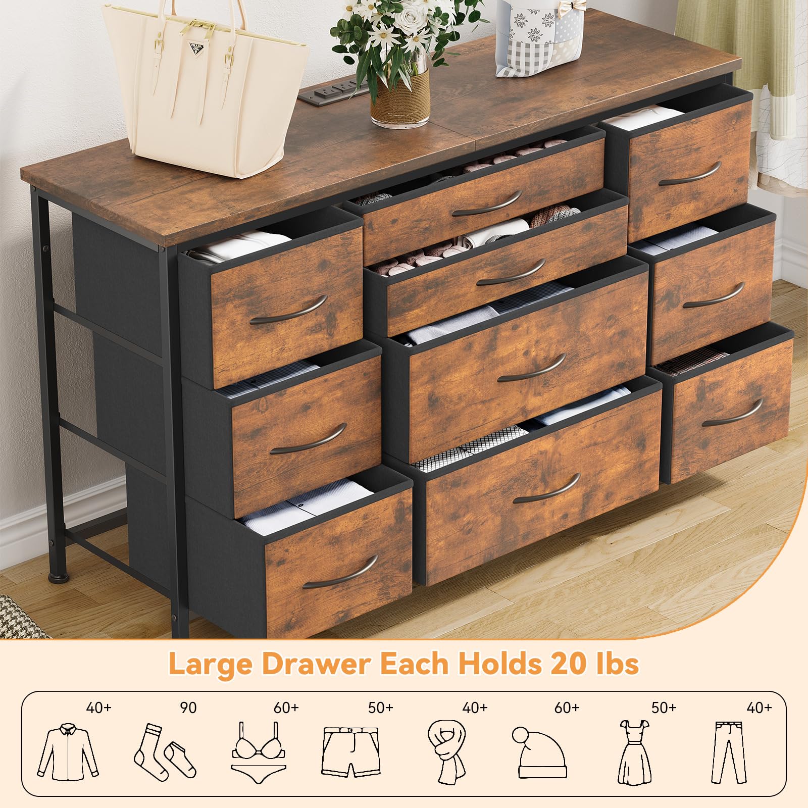Jojoka 10-Drawer Wide Dresser with Power Outlet - 55 Inch TV Stand & Entertainment Center, Rustic Brown Storage Cabinet with Sturdy Metal Frame for Bedroom, Closet, Entryway - Perfect for Organizing Clothes, Electronics & Home Decor