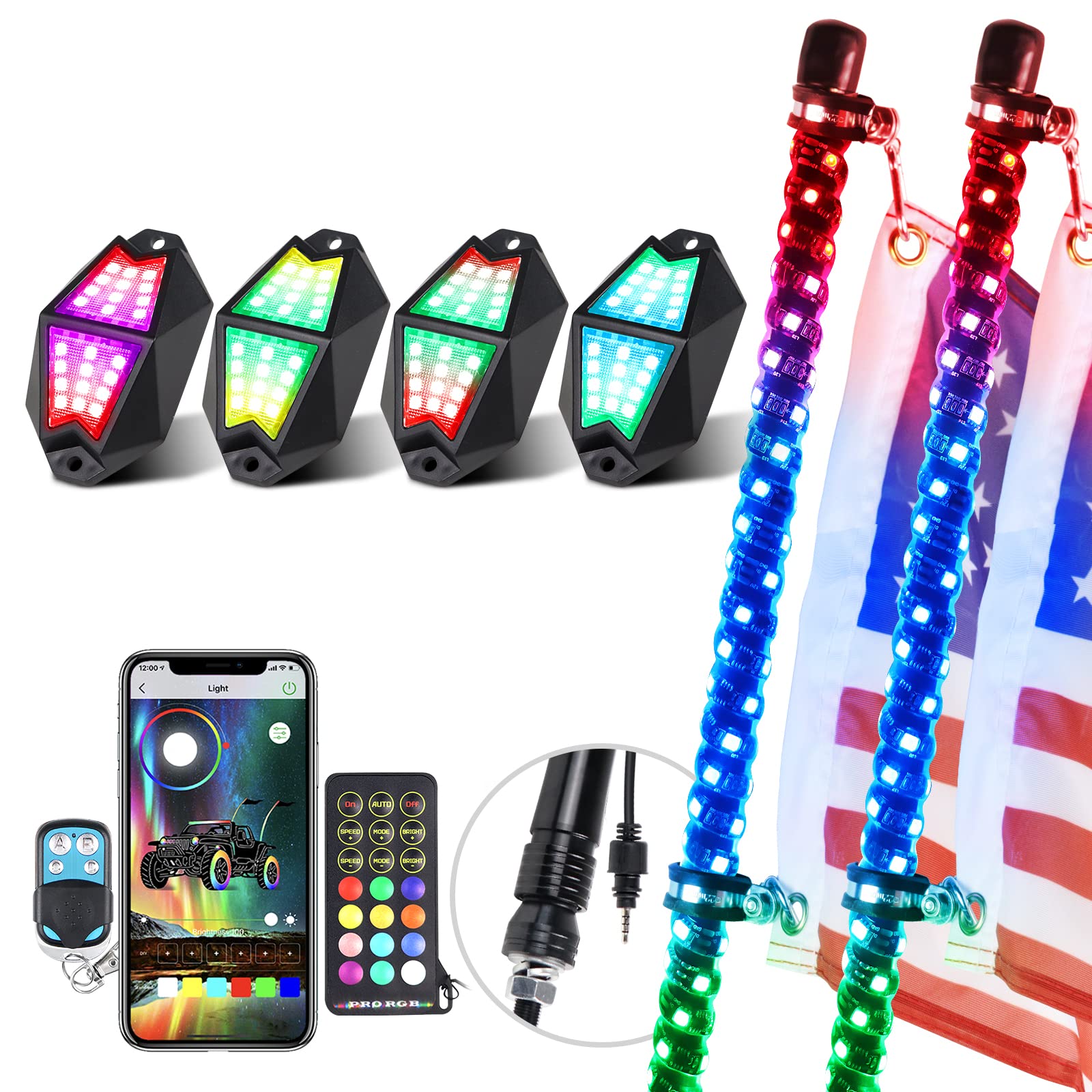 2PCS 3FT UTV Whip Lights & 4Pods Rock Lights Combo with APP & Remote Control - RGB Color Changing Off-Road Warning Light Kit for ATV, Jeep, Truck - Perfect for Night Riding, Camping & Off-Road Adventures
