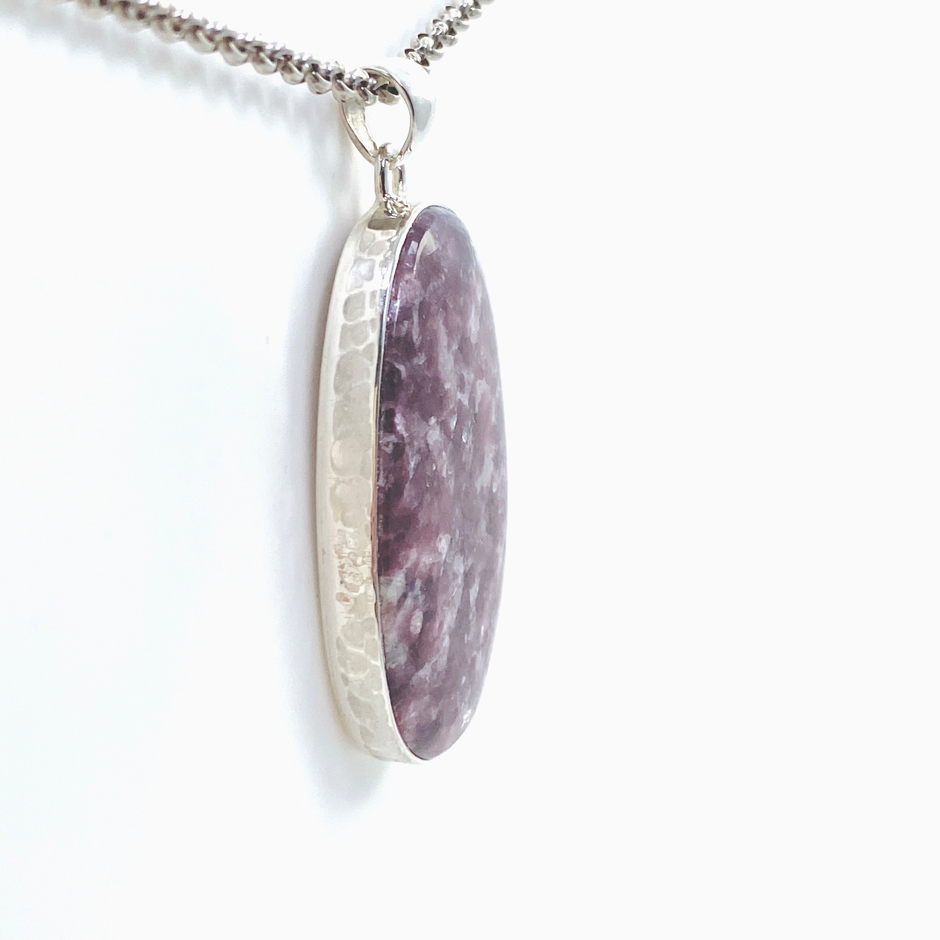Natural Lepidolite Oval Cabochon Pendant with Hammered Sterling Silver Setting - Healing Crystal Jewelry for Stress Relief & Emotional Balance | Perfect for Meditation, Yoga & Spiritual Practices