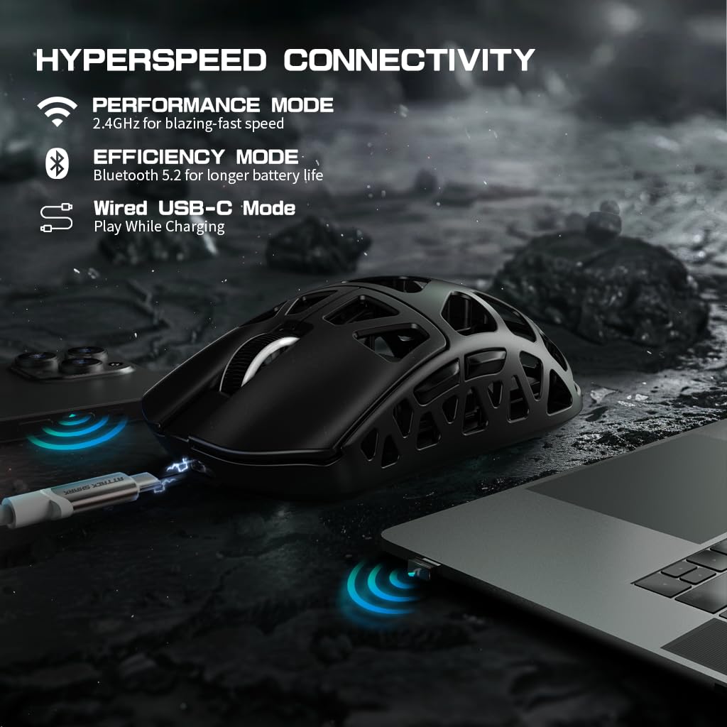 Attack Shark R3PRO 46g Ultra-Light Magnesium Alloy Gaming Mouse - 8000Hz Wireless, 26000DPI, 2.4G/BT/Wired, PixArt PAW3395 Sensor, Programmable Buttons with Coiled Cable - Perfect for FPS, MOBA, and Esports on PC & Mac (Black)