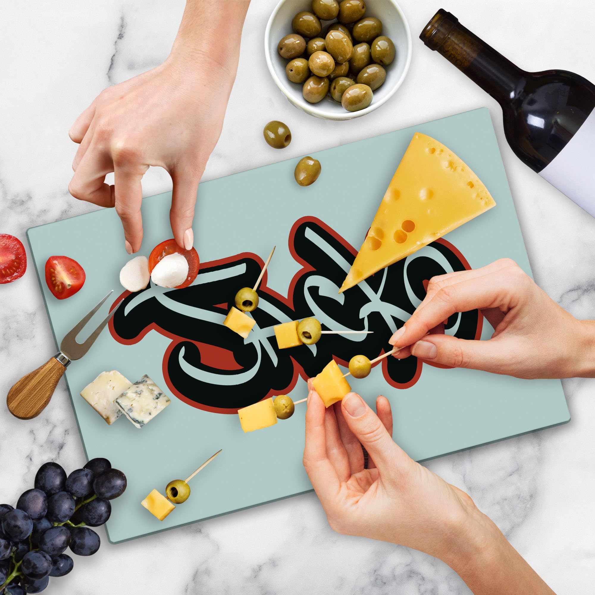 Ambesonne Jack Graffiti Font Cutting Board - Urban Modern Typography Tempered Glass Serving Board - Large Size (Vermilion Black White) - Perfect for Hip-Hop Themed Kitchens, Party Serving & Unique Home Decor