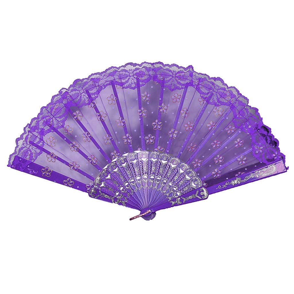Vintage Purple Silk Folding Hand Fan with Delicate Lace - Elegant Retro Floral Design for Women - Perfect for Weddings, Cosplay, Theater & Summer Cooling Accessory