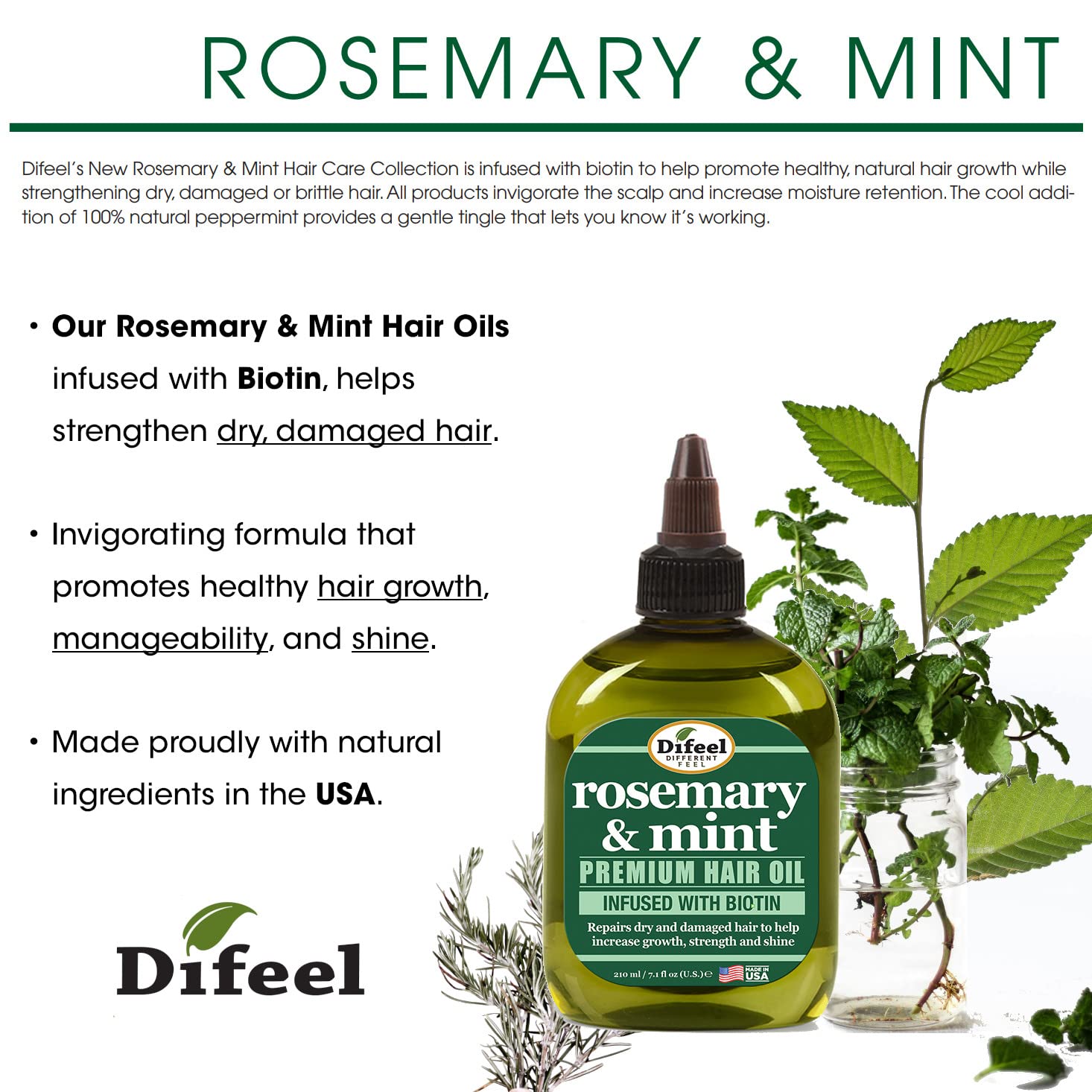 Difeel Rosemary & Mint Biotin Hair Growth Oil - 7.1 oz Natural Hair Treatment with Rosemary Essential Oil for Thicker, Stronger Hair - Perfect for Daily Scalp Massage & Damaged Hair Repair