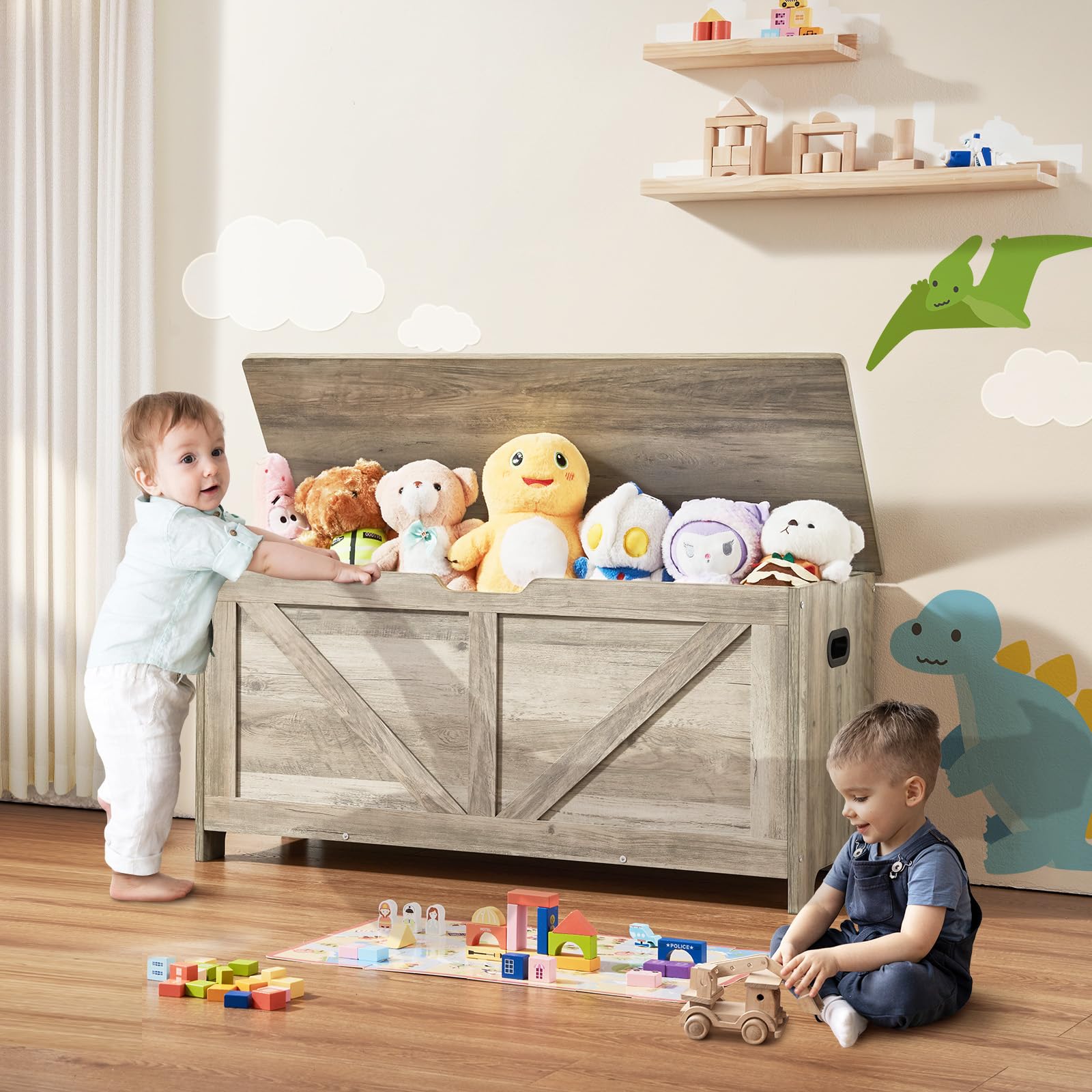 VEVOR Wooden Toy Storage Box for Kids & Toddlers - Large 38.98 x 15.55 x 18.9 Inch Flip-Top Toy Chest with Safety Hinge - Multifunctional Storage Bench for Playroom, Bedroom, Nursery or Living Room - Perfect for Organizing Toys, Books and Kids' Belongings (Gray)