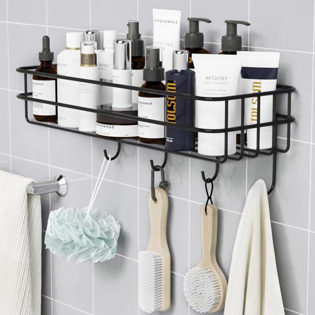 JIALTO Wall-Mounted Bathroom Shelf Organizer with Hooks - Black Space-Saving Bathroom Storage Rack & Towel Holder - Perfect for Small Bathrooms, Showers, and Vanity Organization (Pack of 1)