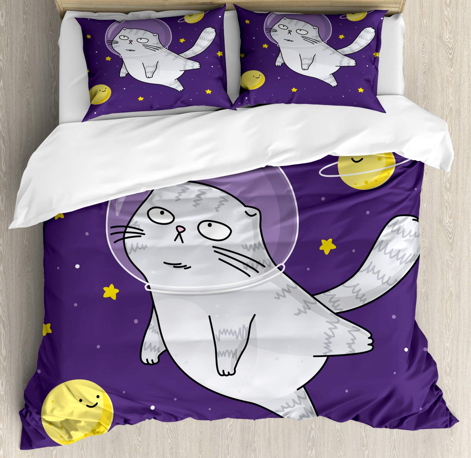 Ambesonne Outer Space Duvet Cover Set - Scottish Fold Cat Astronaut with Stars & Planets Design, 3-Piece King Size Bedding Set with 2 Pillow Shams in Quartz Mustard | Galaxy Themed Bedroom Decor for Kids & Adults, Space Lover Gift Idea