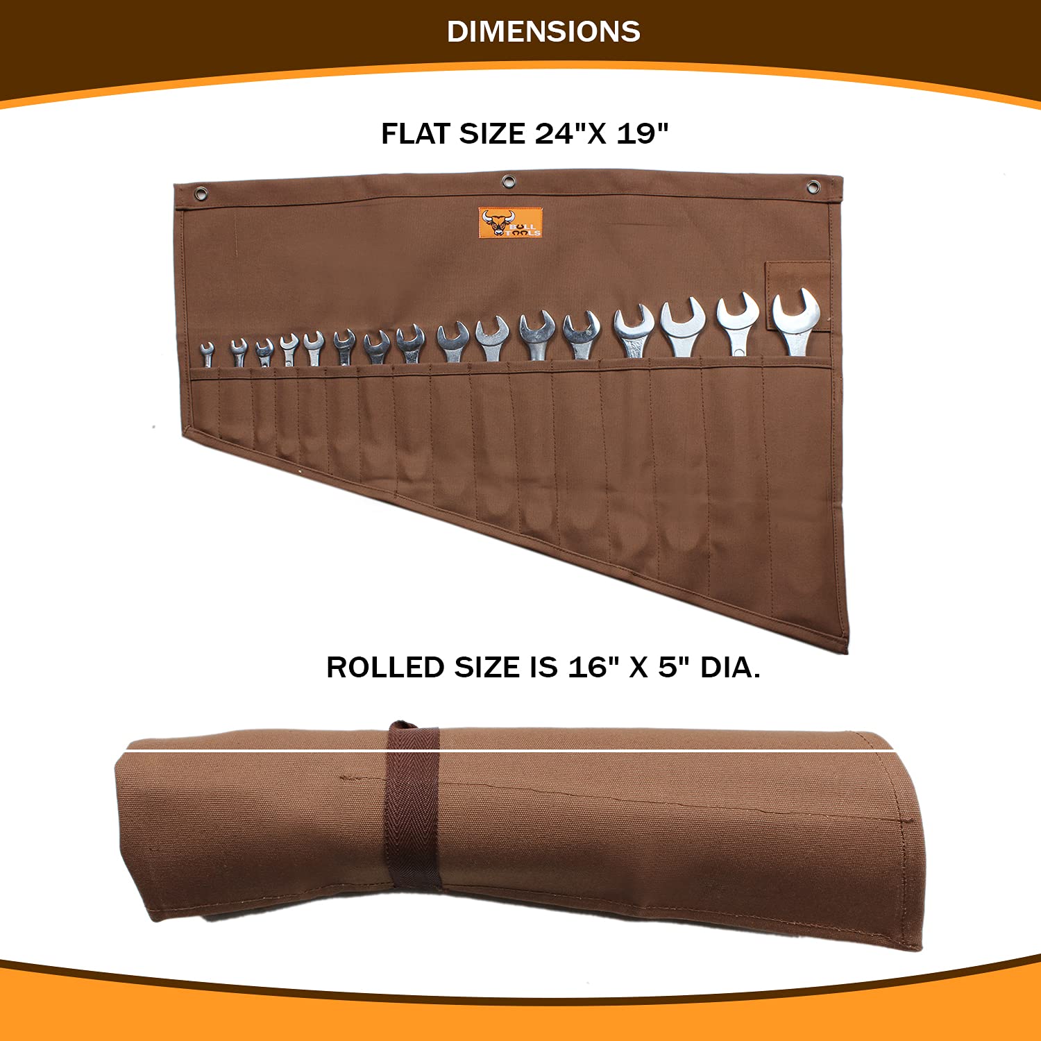Heavy Duty Tool Pouch Roll Up Organizer - 16 Pocket Wrench Roll for SAE & Metric Tools | Handcrafted Cotton Canvas Tool Bag | Durable Portable Workshop & Garage Storage (Cinnamon Brown) - Perfect for Mechanics, DIY Projects & On-the-Go Repairs