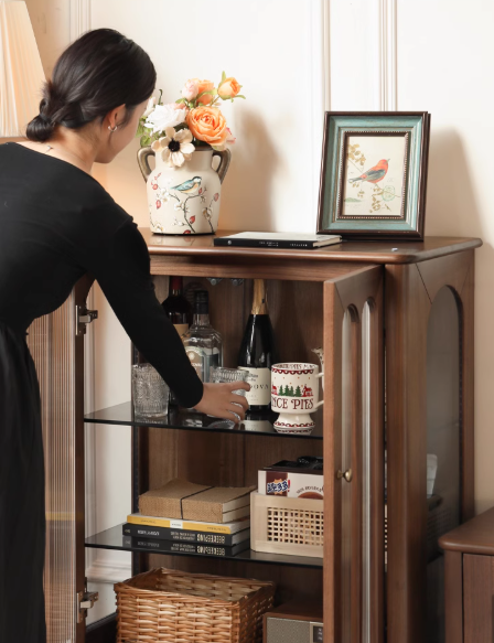 Vintage Black Walnut Solid Wood Side Cabinet - Handcrafted Retro Nightstand for Bedroom, Living Room & Office Storage