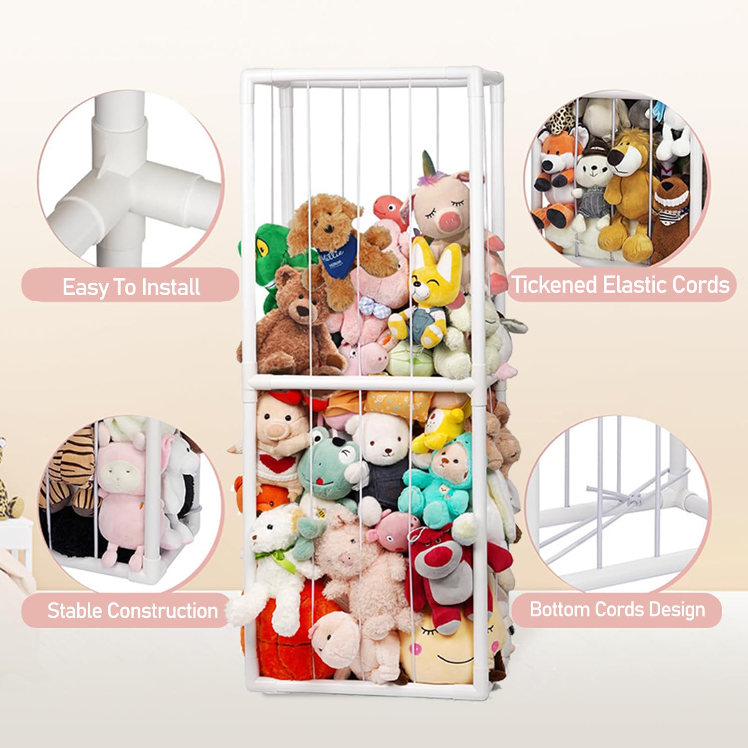 Bubinblau Stuffed Animal Storage Organizer with Elastic Band - Plush Toy Zoo Cage & Creative Doll Storage Rack with Bottom Net - White Kids Room Organizer for Bedroom, Nursery, or Playroom Decor