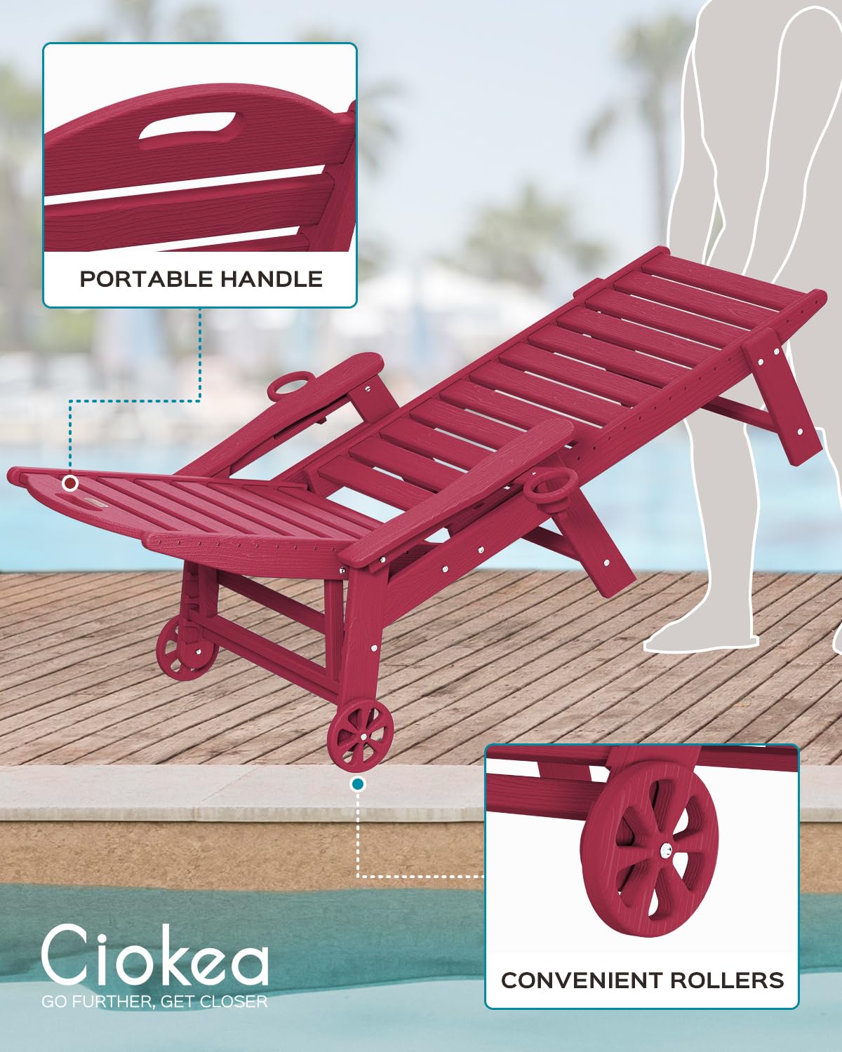 5-Position Adjustable Outdoor Chaise Lounge Chair with Wheels & Double Cup Holders - Wood Texture Patio Lounge for Poolside, Backyard, Beach - Perfect for Sunbathing & Relaxing (Red)