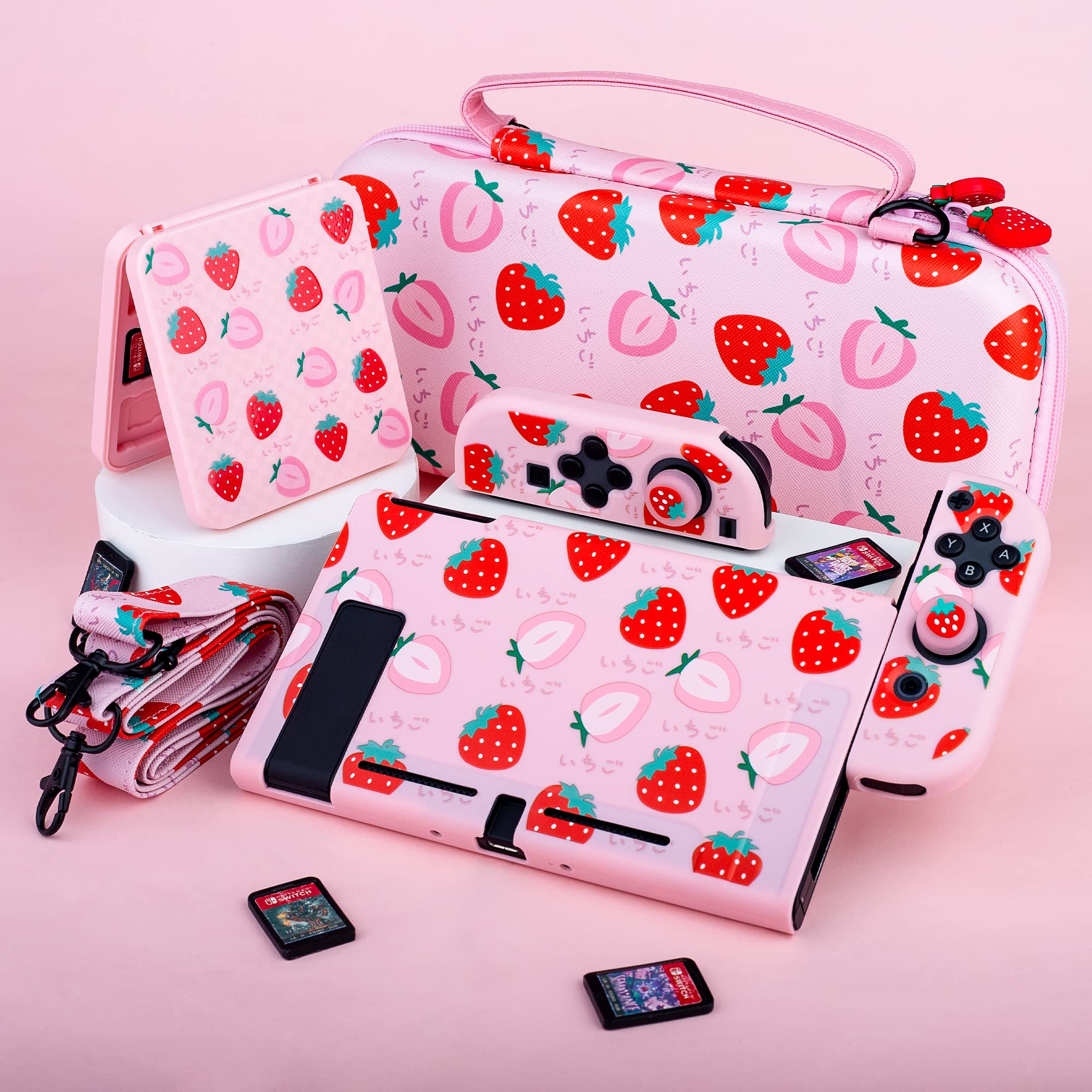 GLDRAM Pink Strawberry Nintendo Switch Carrying Case Bundle - Soft TPU Cover, Game Case, Tempered Glass Screen Protector, Thumb Grip Caps & Adjustable Shoulder Strap - Perfect Travel Accessories for Girls & Women | Portable Protection for Gaming on the Go, Commuting & Travel