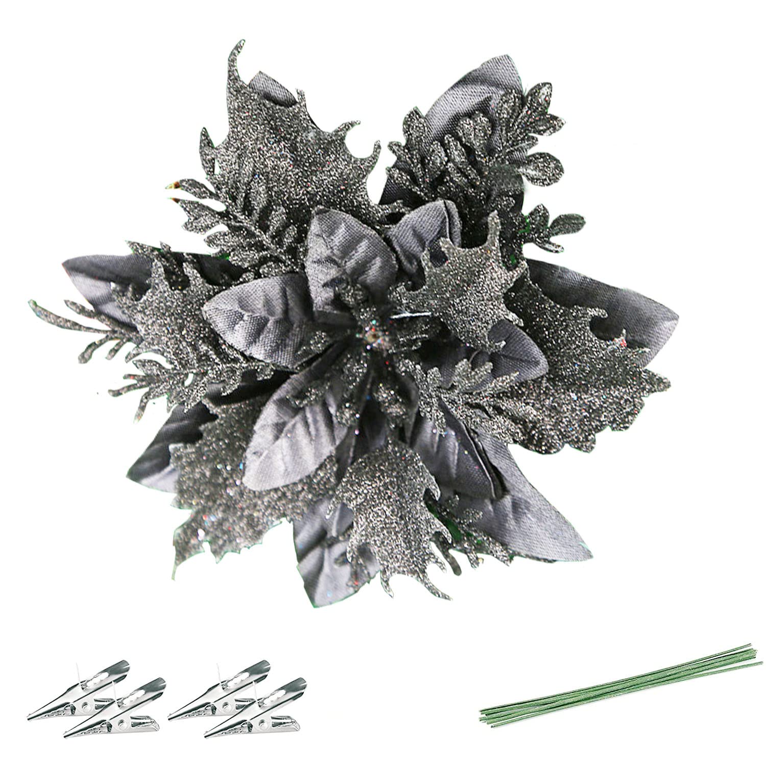 Saitec Artificial Christmas Flowers with Glitter - Xmas Tree Decorations, Wreaths, Wedding & Party Ornaments for Holiday, New Year, Home Decor (Black) - Perfect for Christmas Trees, Wreaths, Centerpieces, and Festive Party Decorations