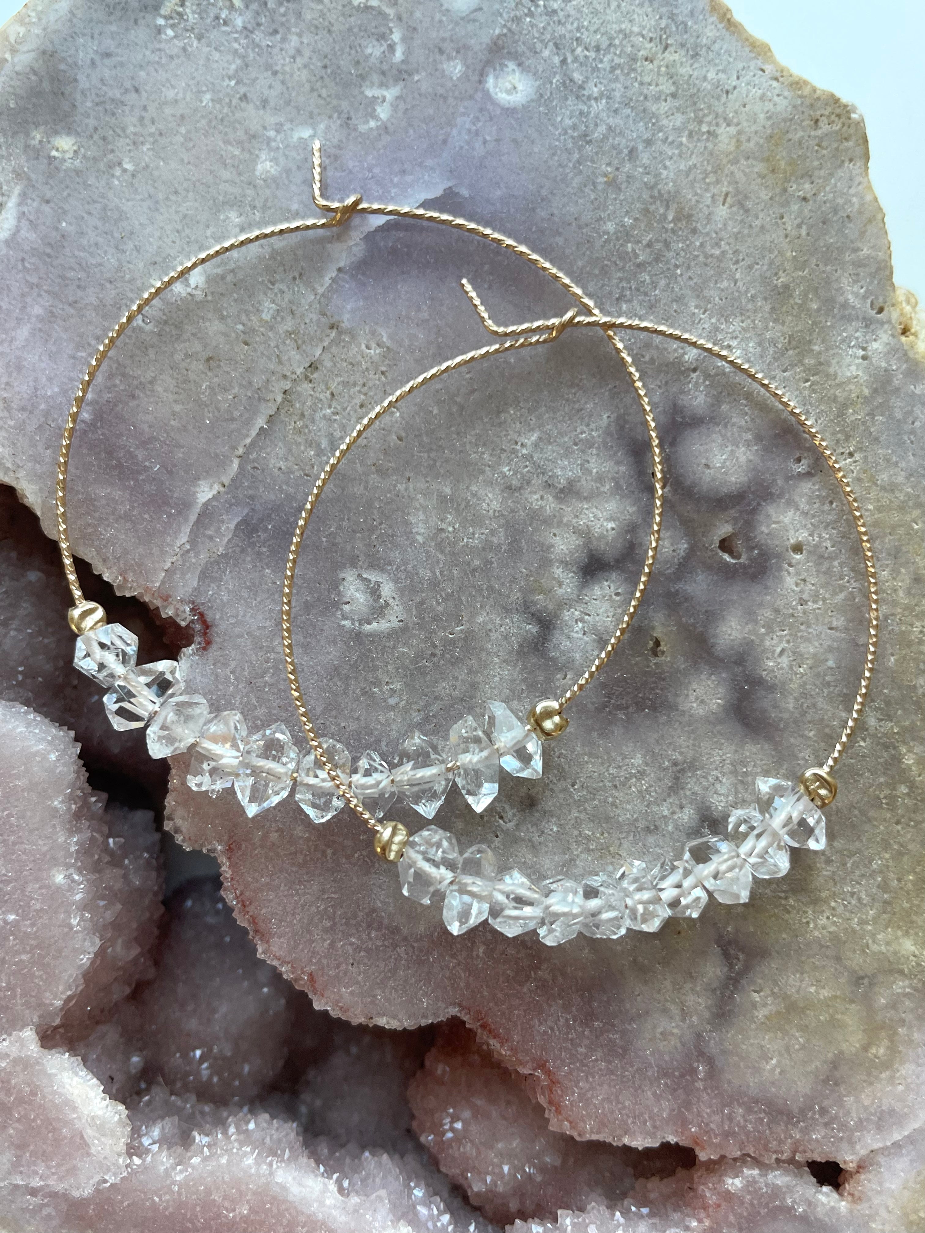 Stylish Thin Herkimer Diamond Hoops Earrings for Women - 14K Gold Plated Minimalist Dainty Studs - Perfect for Everyday Wear, Office & Special Occasions
