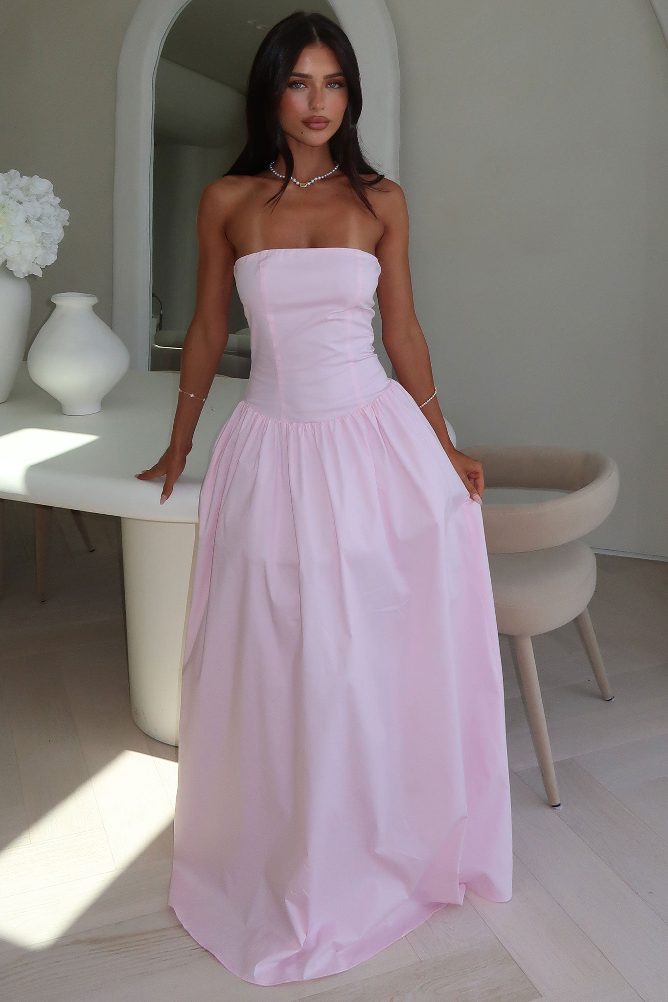 Iridessa Strapless Maxi Dress for Women - Flowy Baby Pink Summer Wedding Guest Dress | Beach Party, Vacation, Formal Occasions