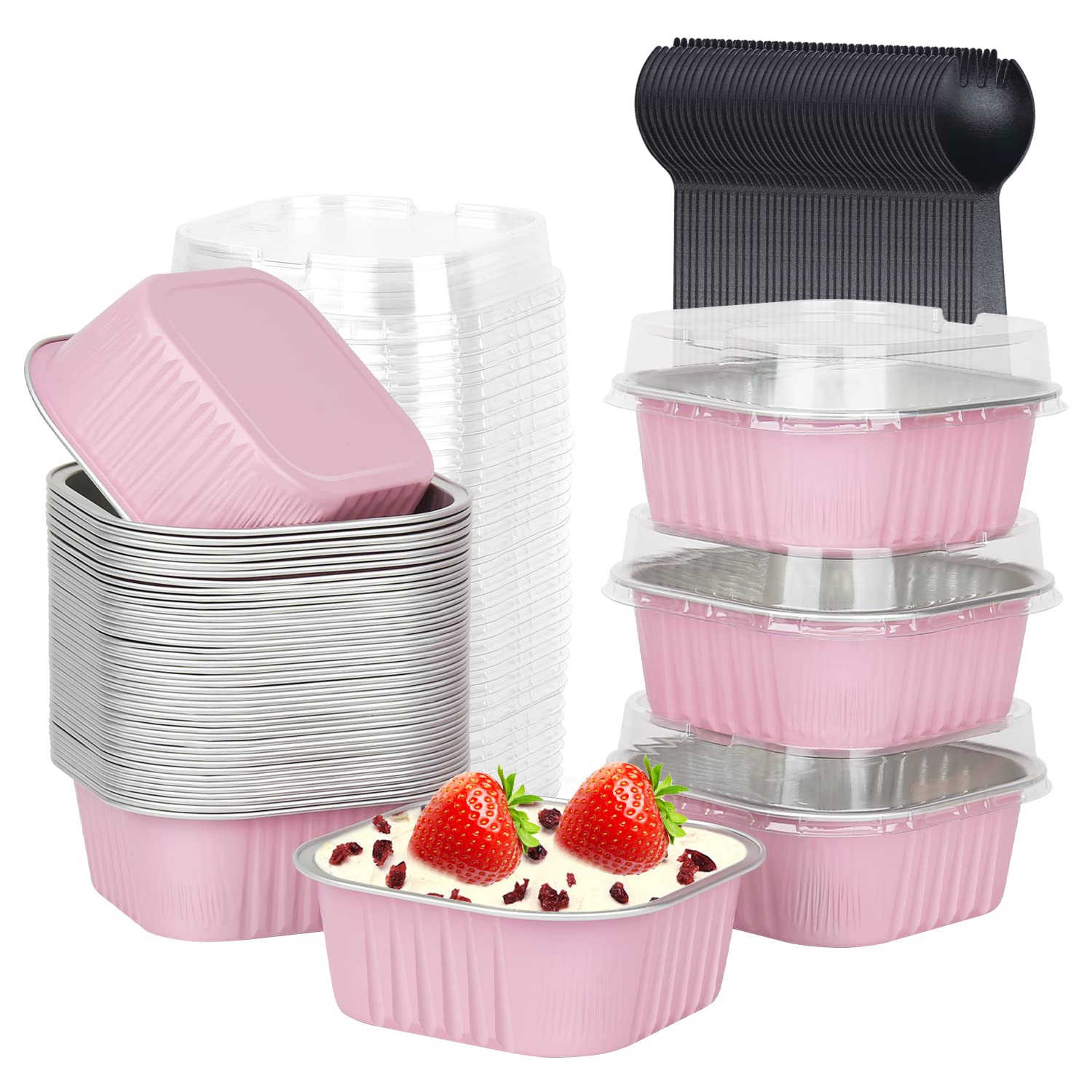 10oz Mini Cake Pans With Lids 40 Pack - LNYZQUS Aluminum Foil Square Brownie Baking Cups, Disposable 4”x4” Large Cupcake Pan, Jumbo Muffin Tin Ramekins Holders in Pink - Perfect for Baking, Parties & Meal Prep