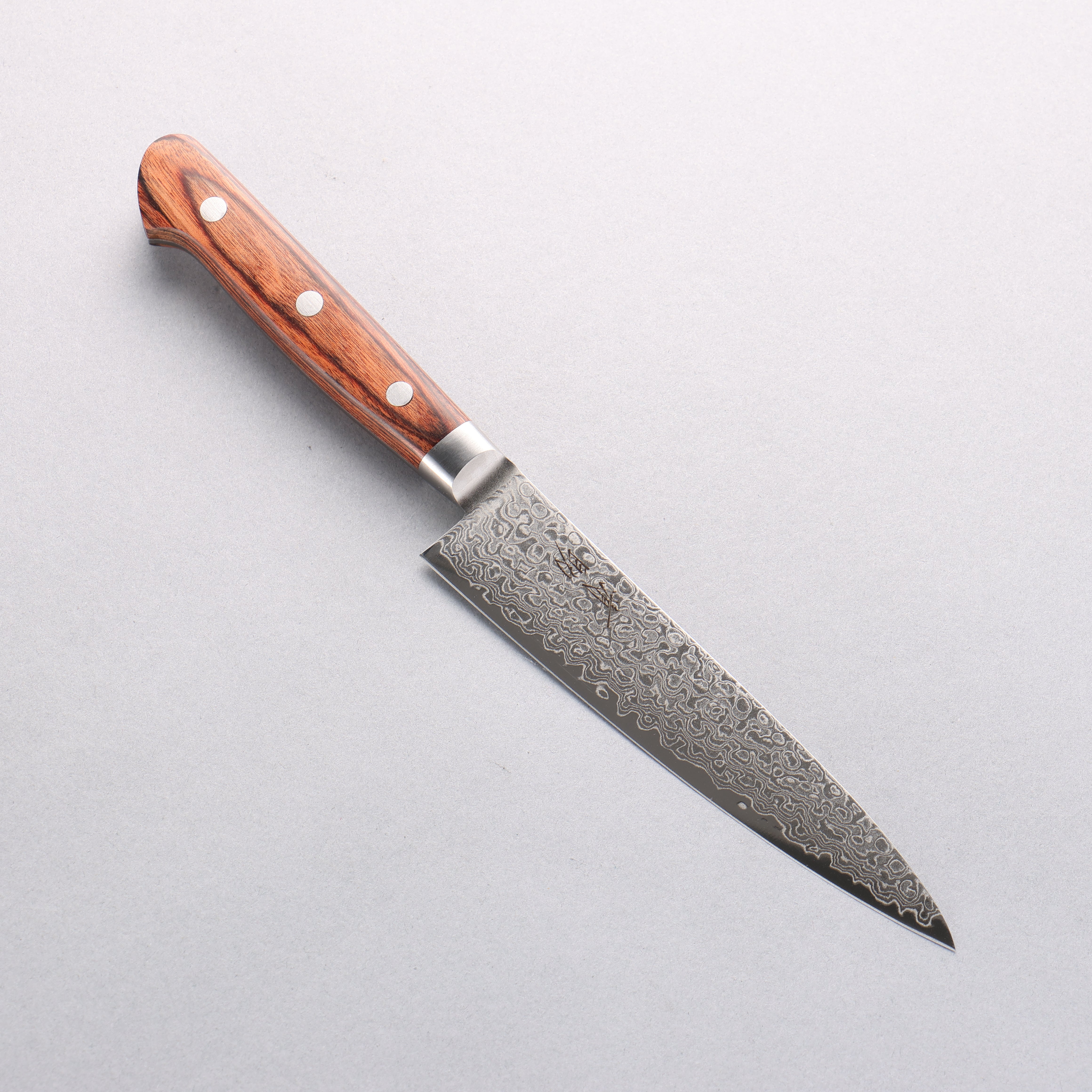 Seisuke Mokusei ZA 18 Mirrored Finish Damascus Petty Utility Knife 135mm with Brown Pakka Wood Handle - Perfect for Slicing, Peeling & Precision Kitchen Tasks