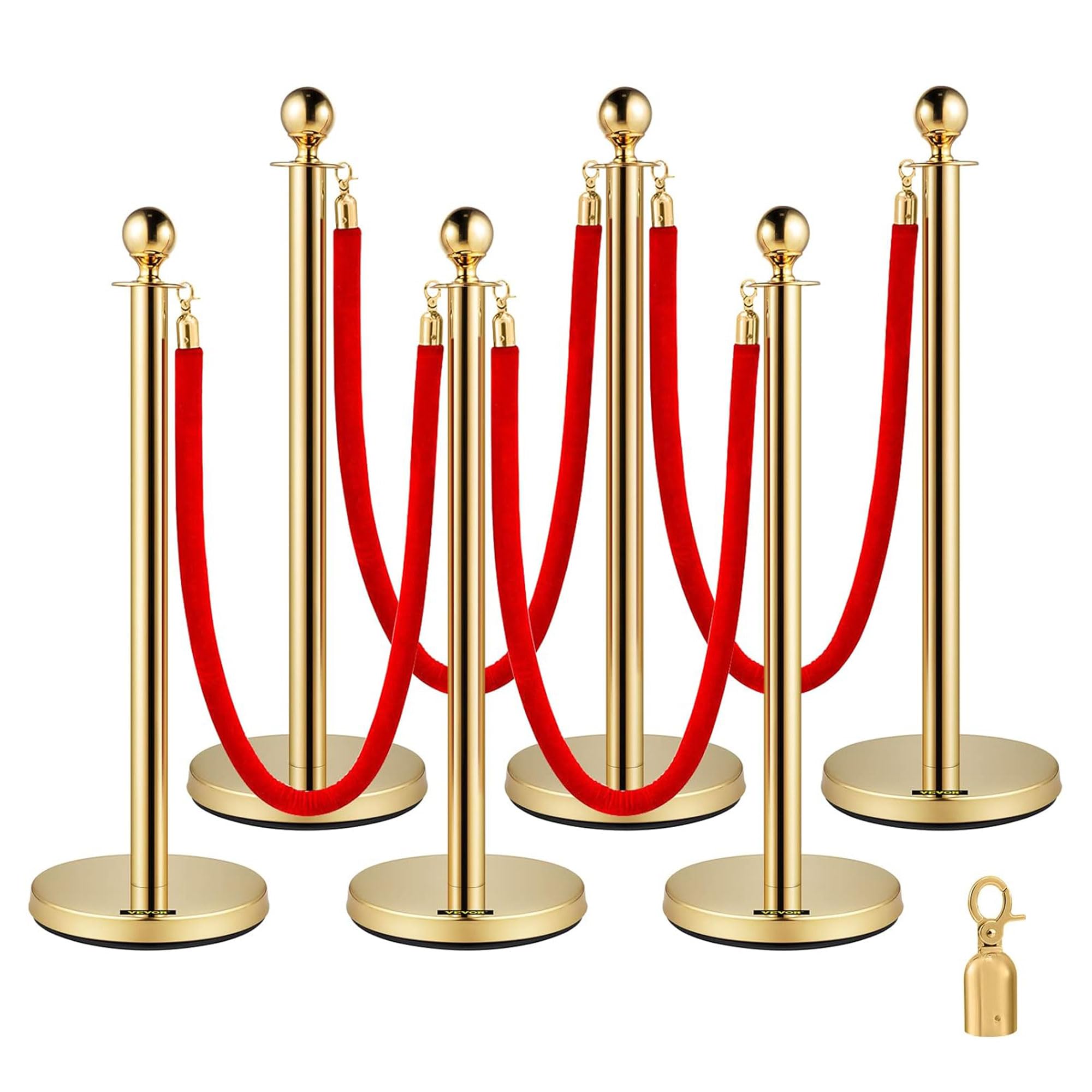 Vevor Velvet Ropes & Stanchion Posts with Ball Top - 4-Way Connect Crowd Control Barriers for Safety & Protection (Gold) - Perfect for Events, VIP Areas & Queue Management