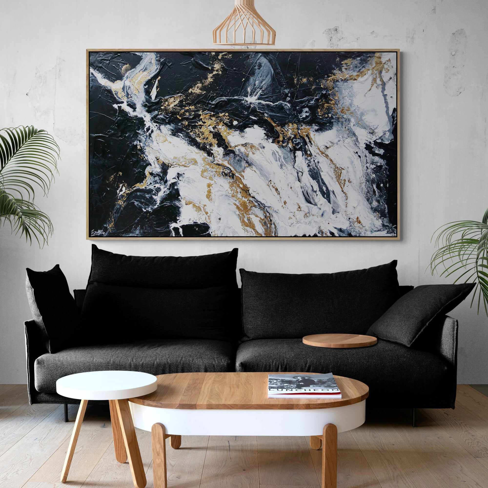 200cm x 120cm Black White Gold Textured Abstract Canvas Wall Art - Modern Luxury Home Decor for Living Room, Bedroom & Office