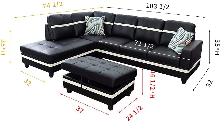 Ponliving 3-Piece L-Shaped Sectional Sofa Set with Chaise, Storage Ottoman & Throw Pillows - Modern Left-Facing Couch in Black & White | Perfect for Living Rooms, Apartments & Small Spaces