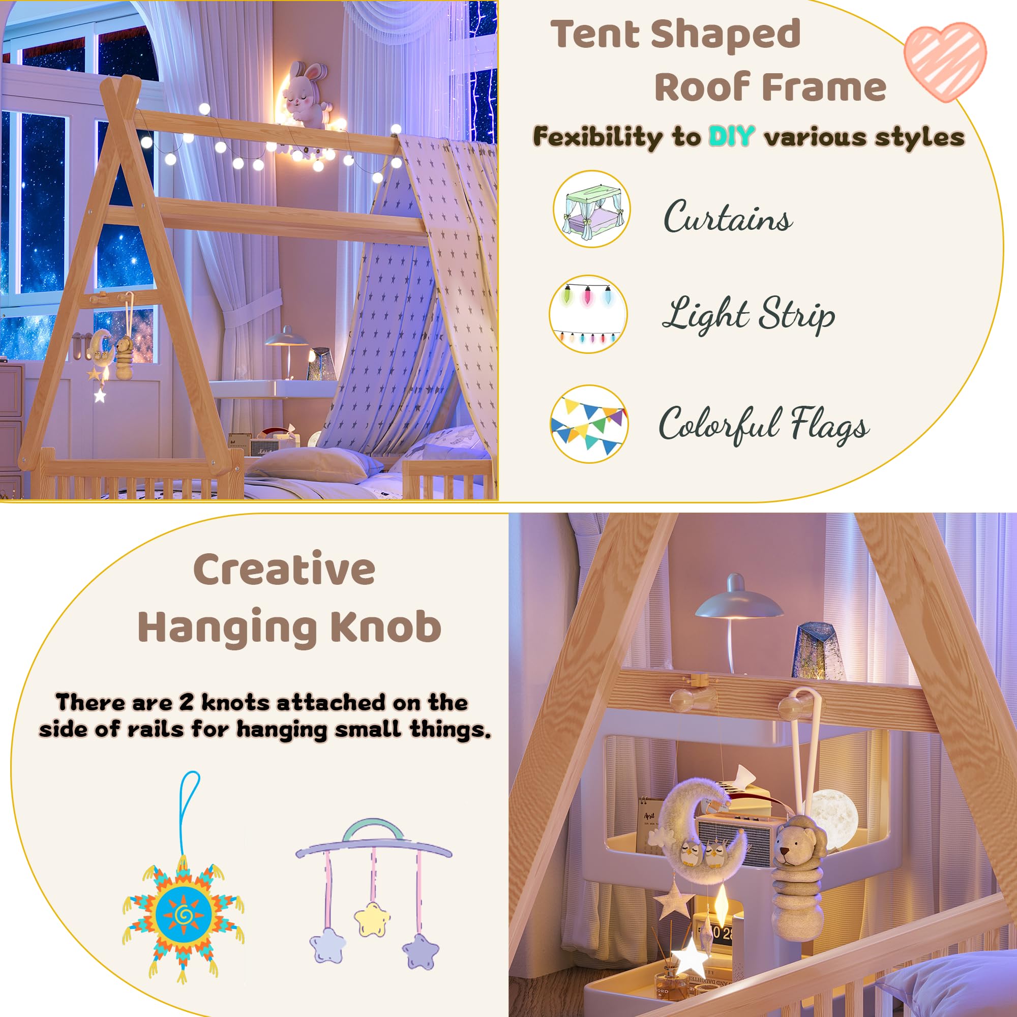 Twin Size Wooden Montessori Floor Bed with Tent & Roof - Low Profile Kids Bed with Safety Fence Rails & Slat Support for Boys and Girls - Perfect for Bedroom, Playroom & Montessori Learning Spaces