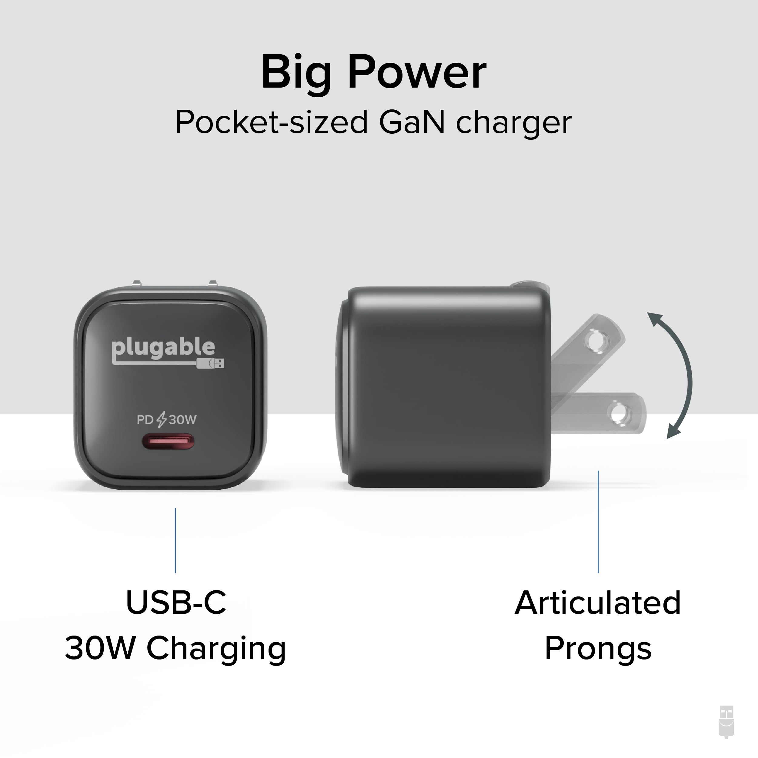 Plugable 30W GaN USB C Fast Charger Block with Foldable Prongs - PPS Charger for iPhone 16/16 Pro/16 Pro Max, iPad Pro, Samsung Galaxy S23, AirPods - Compact Travel Charger for Home, Office & Car (Black)