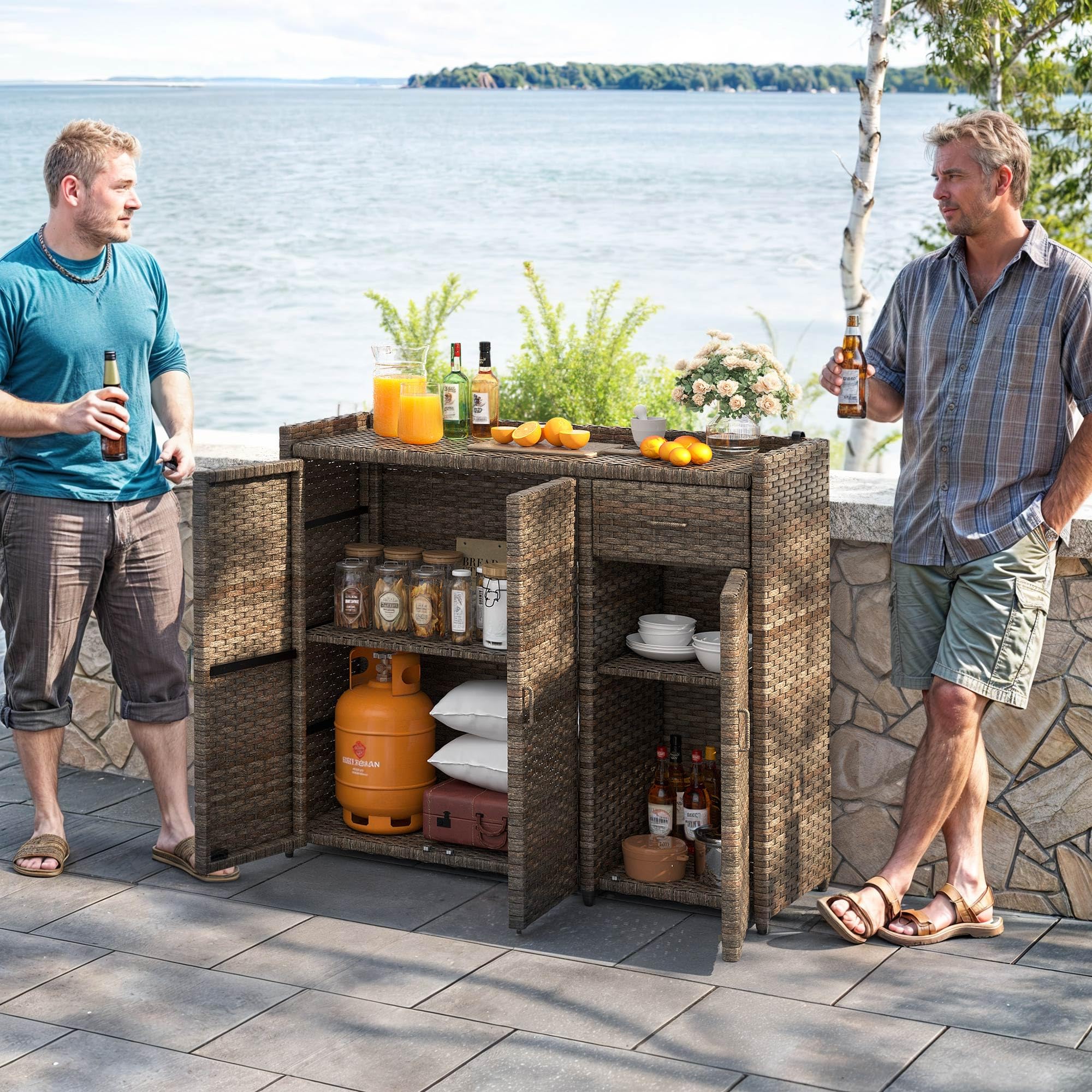 YITAHOME Outdoor Storage Cabinet - Weatherproof Rattan Bar Table with 2 Doors, Adjustable Shelves & Foldable Drawer - Wicker Patio Storage Box for Cushions, Pool & Garden Tools - Brown - Perfect for Backyard, Deck, and Poolside Organization