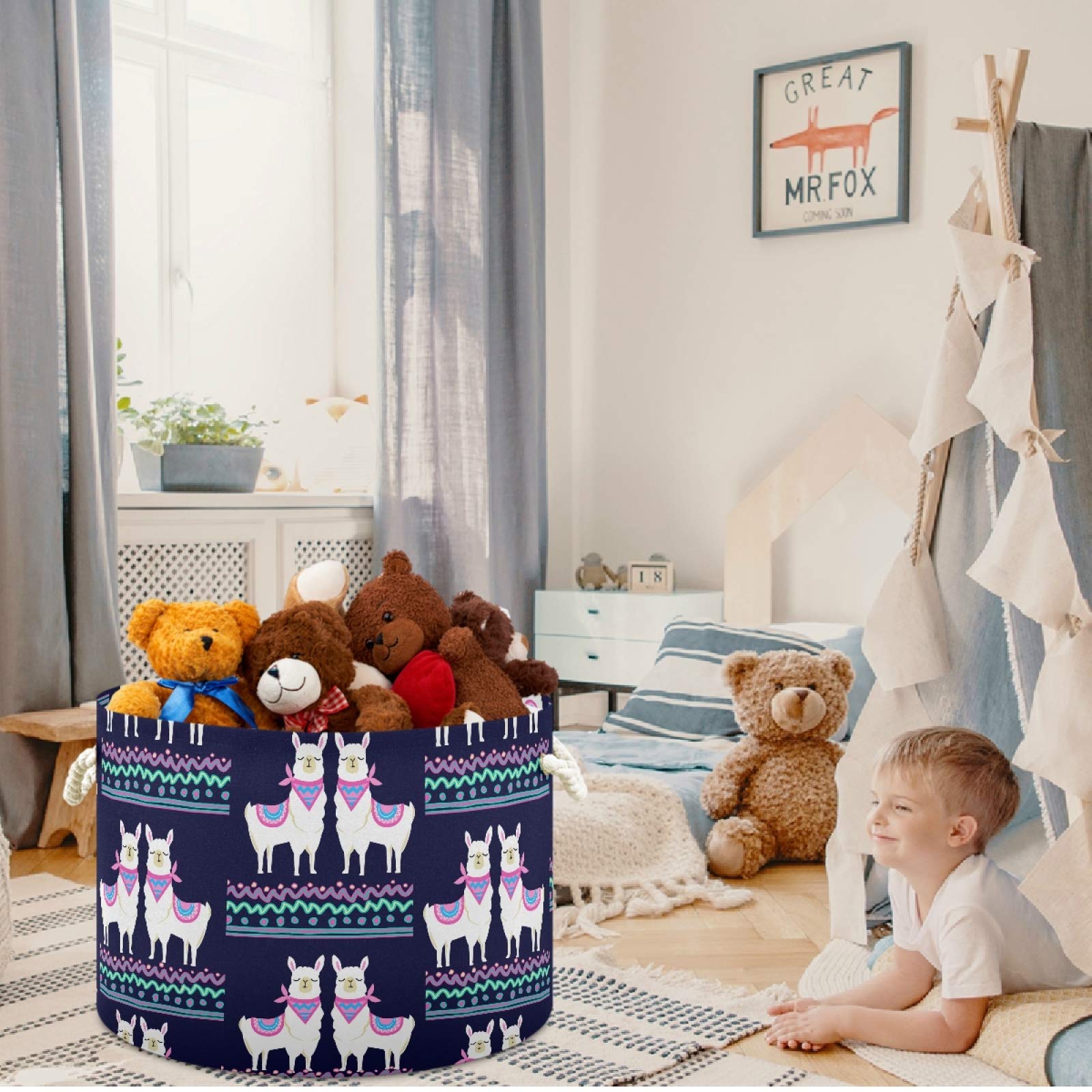 Visesunny Collapsible Storage Basket with Cute Llama Pattern - Nursery Hamper, Toy Organizer & Laundry Bin for Kids Room, Playroom, Bathroom, Living Room, Dorm & Office | Perfect for Organizing Clothes, Toys & Household Items