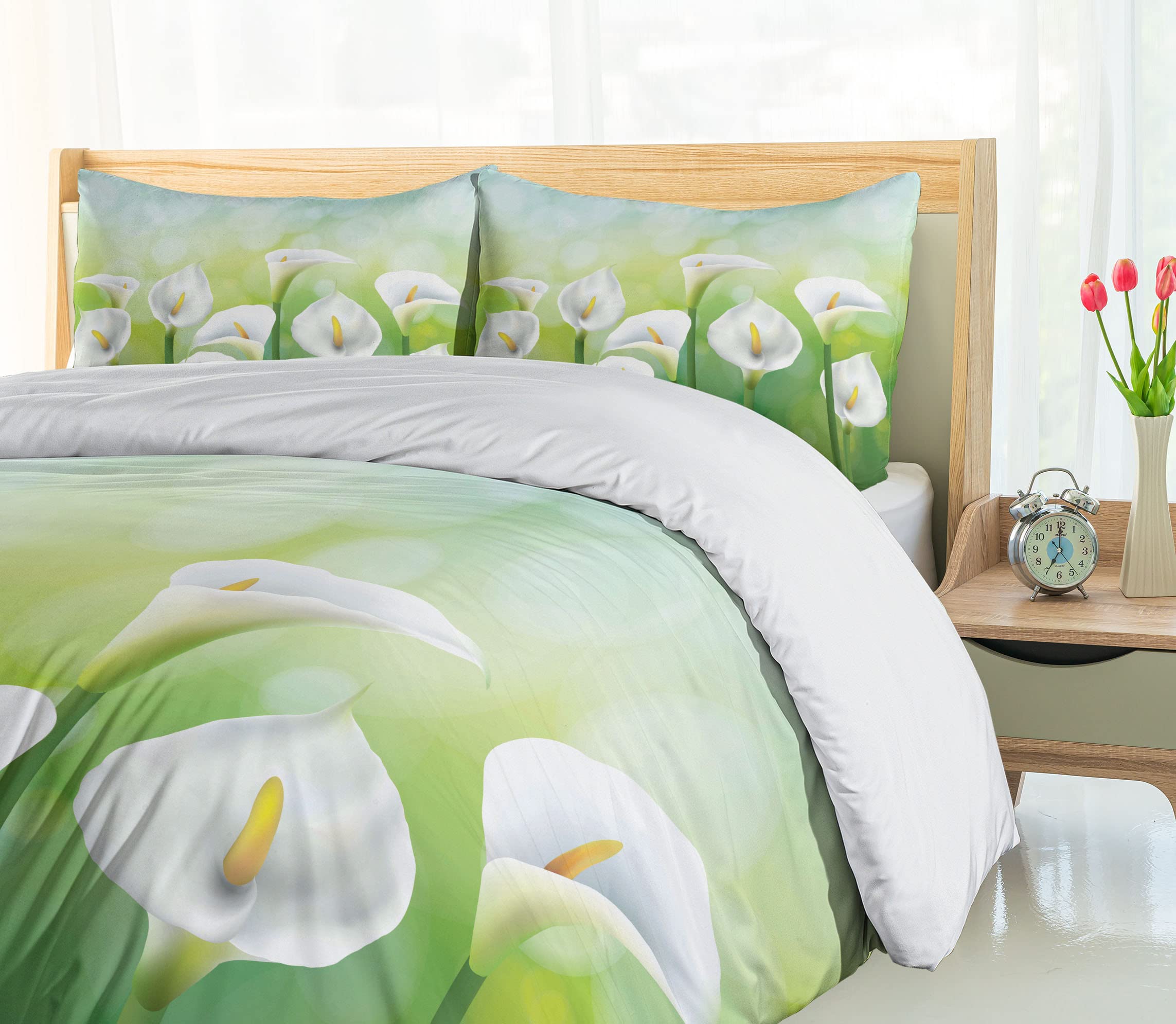 Lunarable Calla Lily Duvet Cover Set - Spring Floral Design on Green Background, 3-Piece King Size Bedding Set with 2 Pillow Shams (Green/White/Yellow) for Master Bedroom, Guest Room & Spring Home Decor