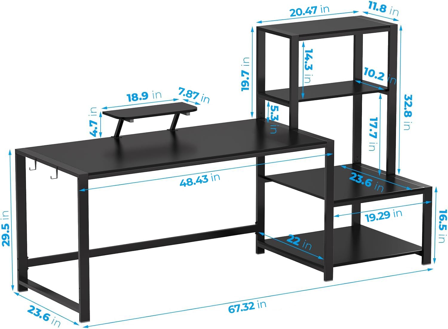 GreenForest 67-inch Computer Desk with Printer Shelf & Monitor Stand - Reversible Office Desk with 2 Hooks - Sturdy Home Workstation for Study, Writing, Working & Gaming (Black) - Perfect for Home Office, Dorm Room & Small Spaces