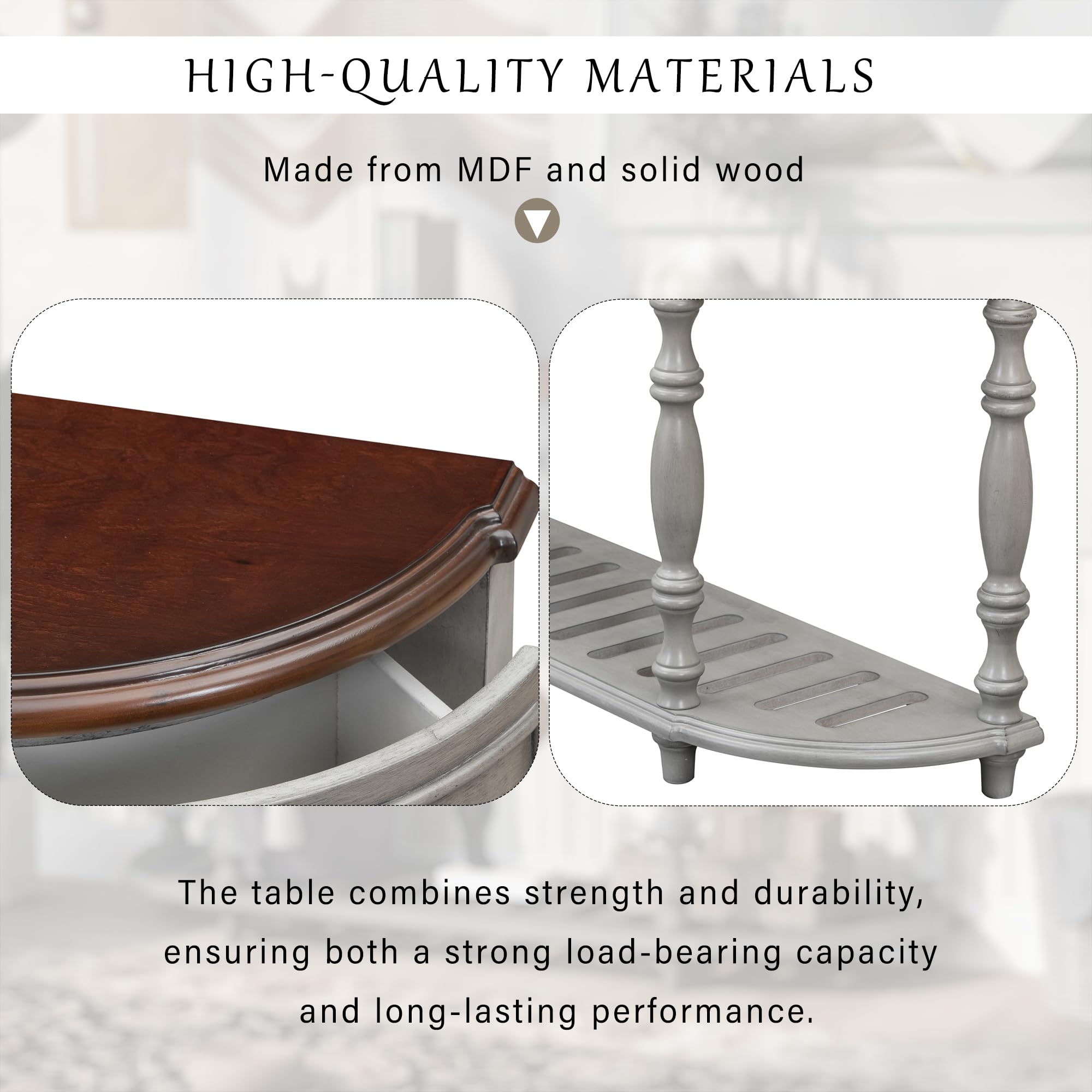 P PURLOVE Curved Console Table with 4 Drawers - Retro Solid Wood Sofa Table with Sturdy Frame & Legs - Half Moon Entryway Table for Living Room, Kitchen, Hallway - Antique Gray Finish - Perfect for Small Spaces & Home Decor