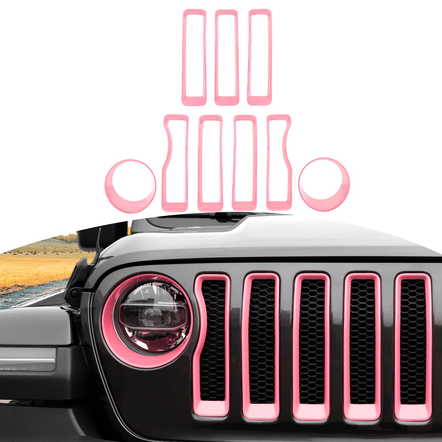 RT-TCZ Pink Mesh Front Grille Insert & Headlight Cover Trim Kit for Jeep Wrangler JL/JLU (2018-2022) - 9-Piece Exterior Accessories Set for Off-Road Protection & Style Enhancement
