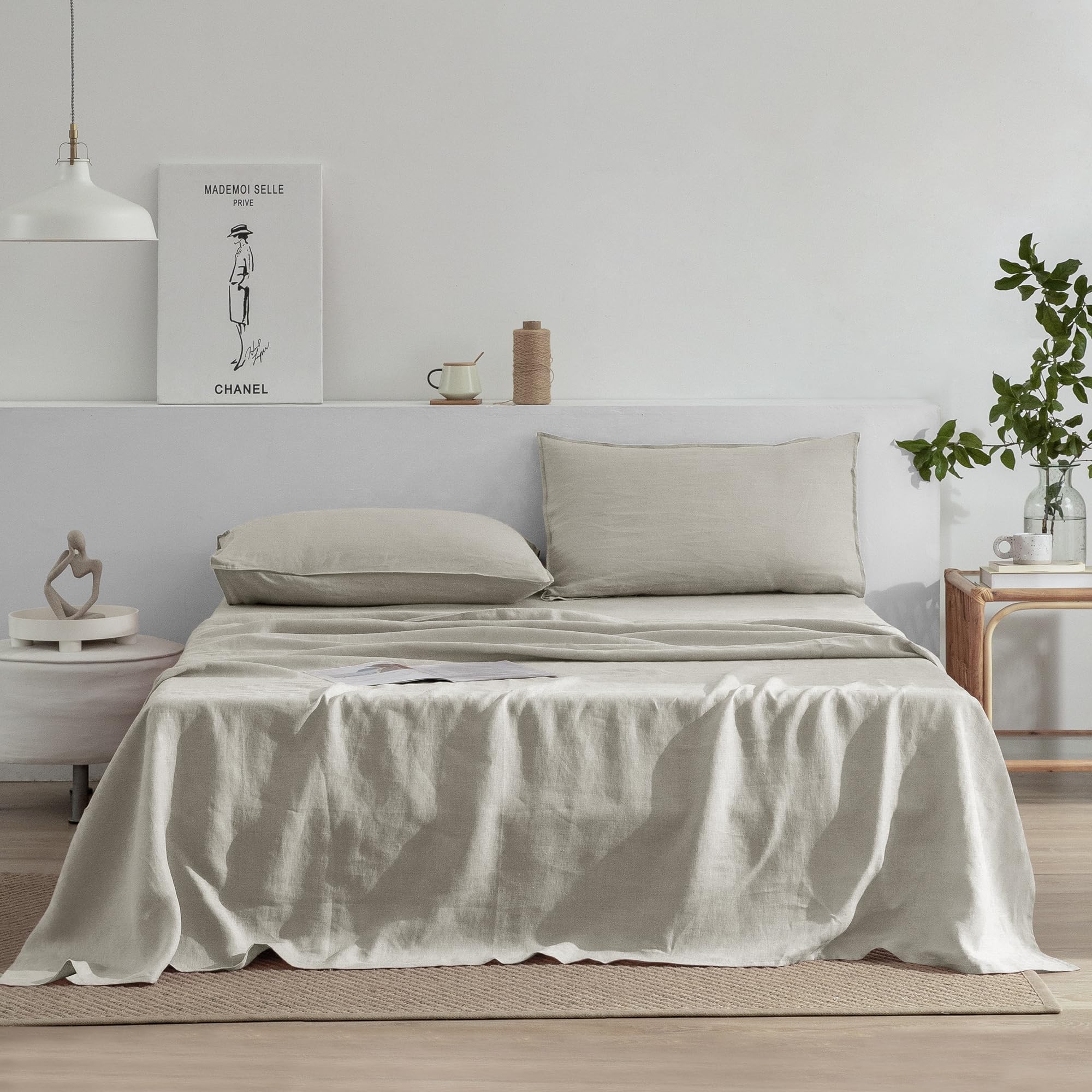 Premium 100% French Stonewash Pure Linen Sheets Set King Size - 4 Piece Natural Undyed Bedding (1 Flat Sheet, 1 Fitted Sheet, 2 Pillowcases) for Hot Sleepers & Deep Pocket Mattresses - Breathable Luxury Bed Sheets for Summer & All-Season Comfort
