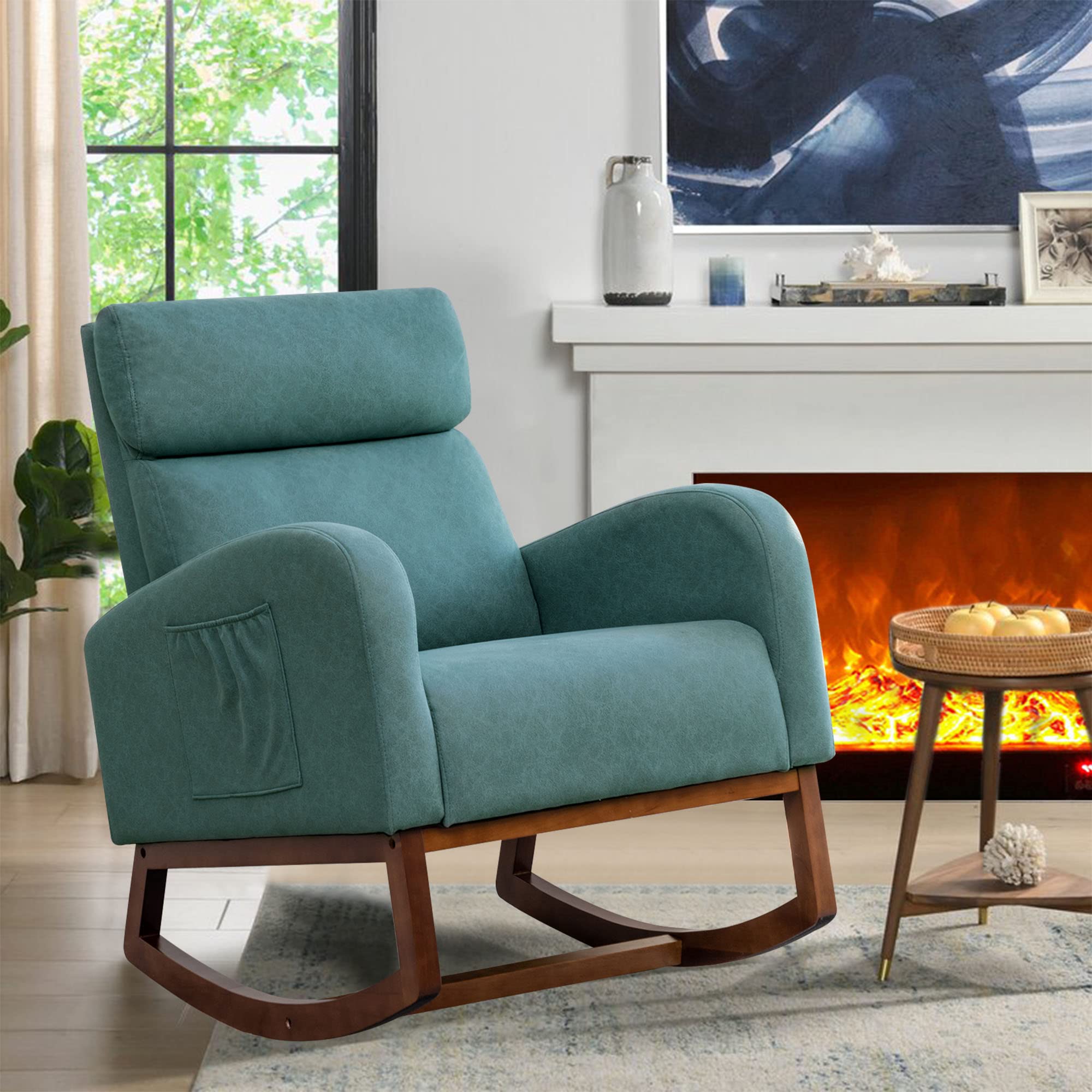 Andeworld Rocking Chair - Upholstered High-Back Glider Armchair with Faux Suede Fabric, Comfortable Accent Chair for Living Room, Bedroom, Nursery (Teal) | Perfect for Relaxing, Reading & Nursing