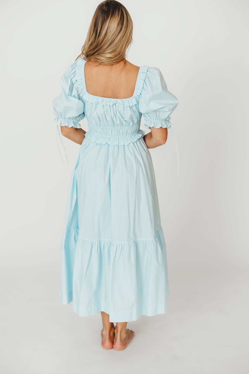 100% Cotton Crissy Ruched Midi Dress - Baby Blue Maternity Dress for Pregnancy | Bump Friendly & Comfortable | Perfect for Baby Showers, Maternity Photos & Everyday Wear