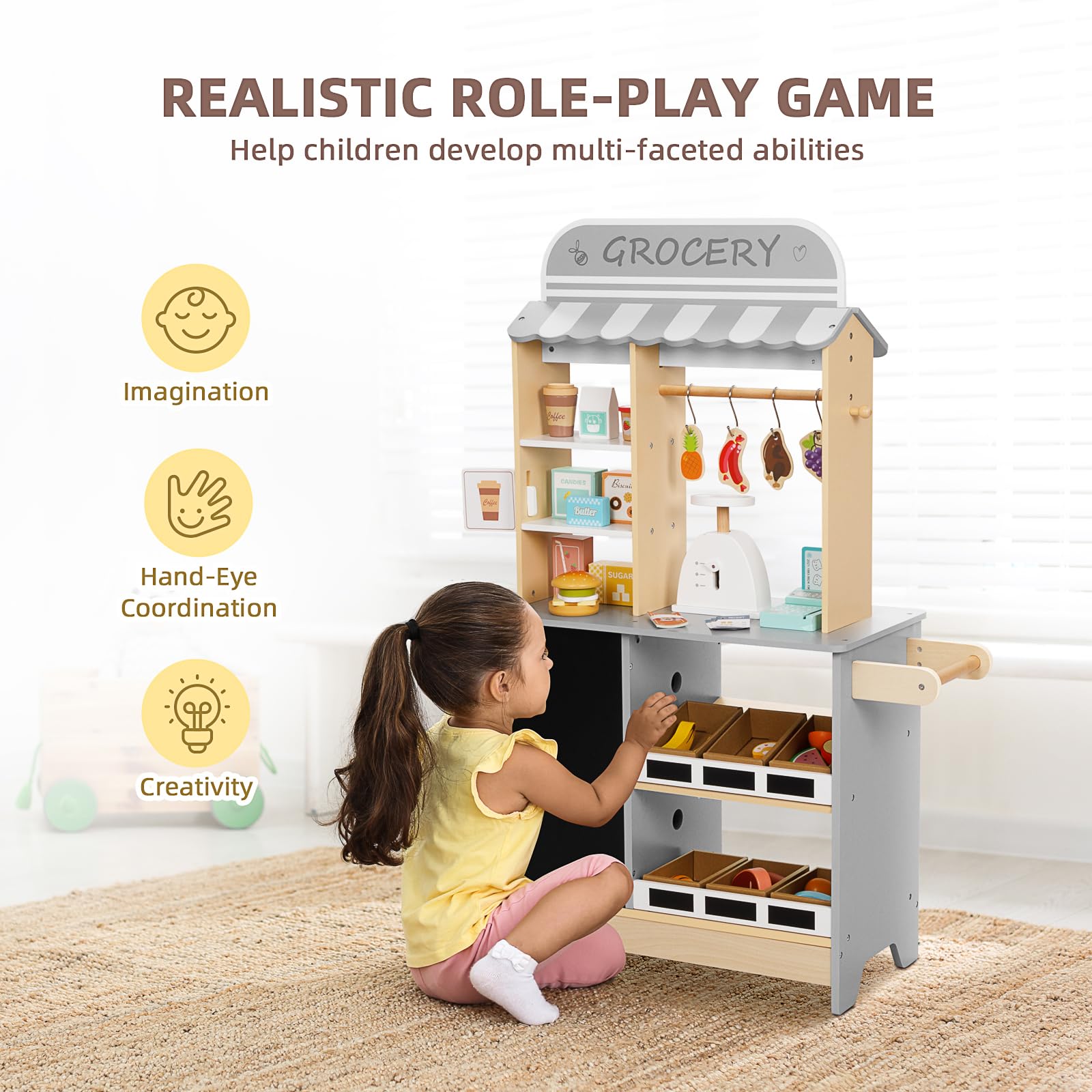 All-in-One Kids Grocery Store Pretend Play Set with Chalkboard, Reversible Design, Oven, Scale, Rolling Wheels & Cash Register - Educational Toy for Ages 3+ - Perfect for Role Play, Preschool Learning & Family Fun Time