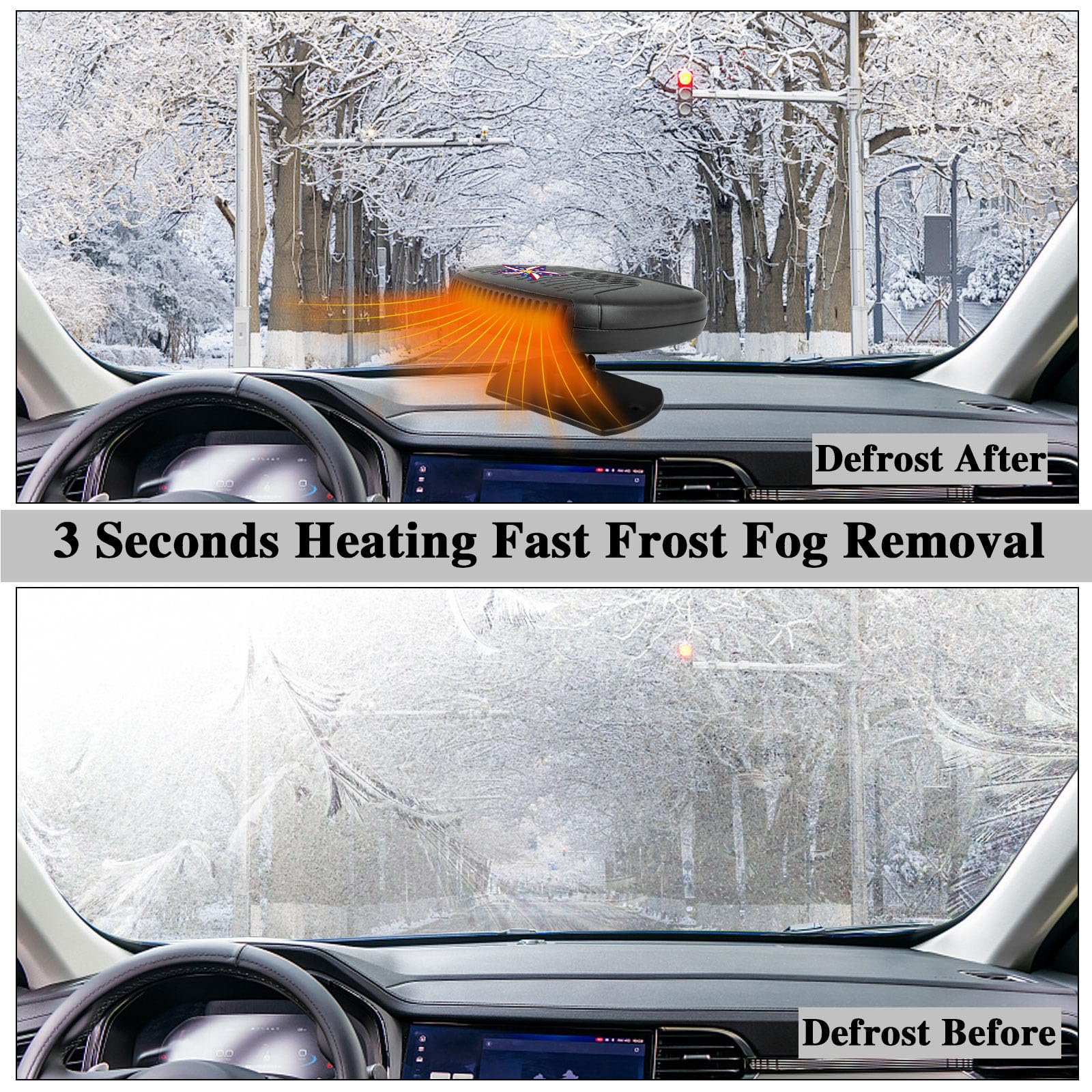 Fast Heating & Cooling Car Fan - Portable 12V Defroster & Defogger for Windshield, Truck & RV Interior Heater with Cigarette Lighter Plug - Perfect for Winter Driving and Quick Defrosting