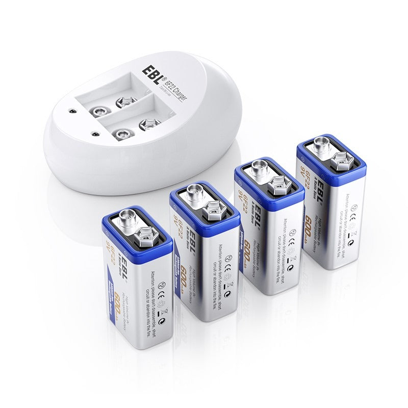 EBL 9V Lithium Ion Rechargeable Batteries with 6F22 9V Battery Charger - Long Lasting Power for Smoke Detectors, Toys, and Electronic Devices