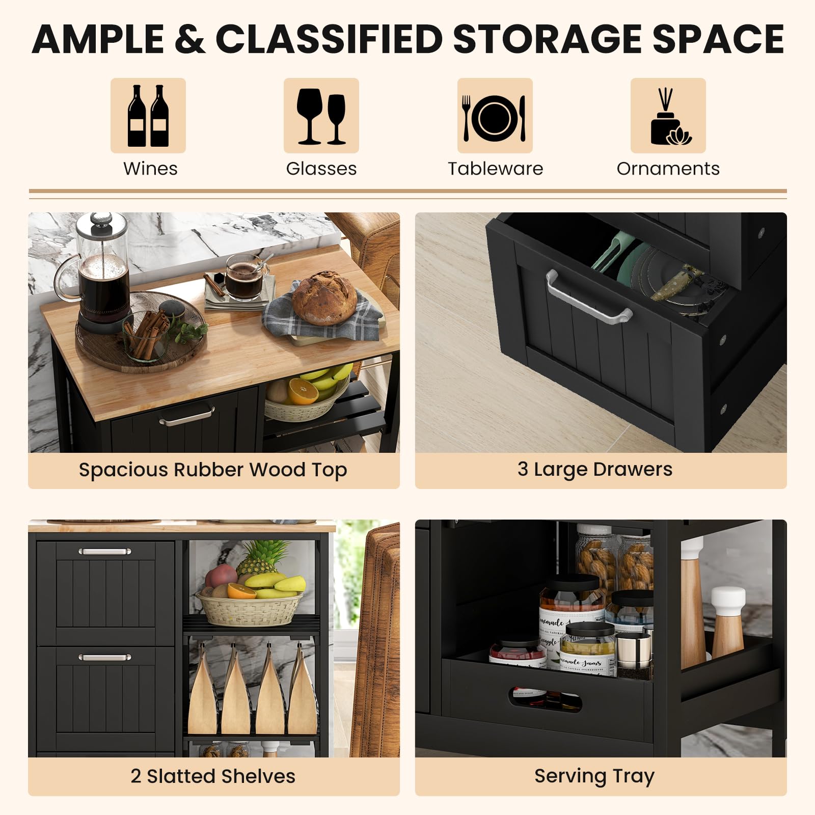 COSTWAY Kitchen Cart with Wheels, 3 Drawers & Shelves for Dining, Living Room & Bedroom Storage