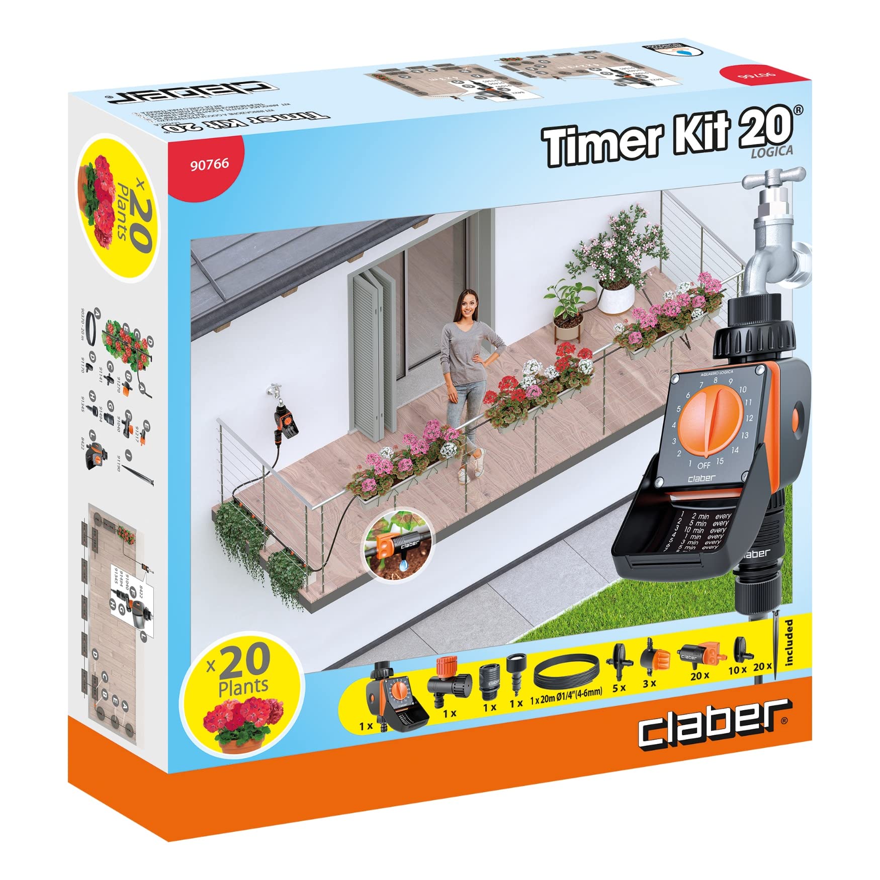 Claber d90766000 - 20 Pot Timer Kit for Automatic Plant Watering System | Indoor & Outdoor Garden Irrigation Solution | Perfect for Greenhouses, Balconies, and Home Gardens