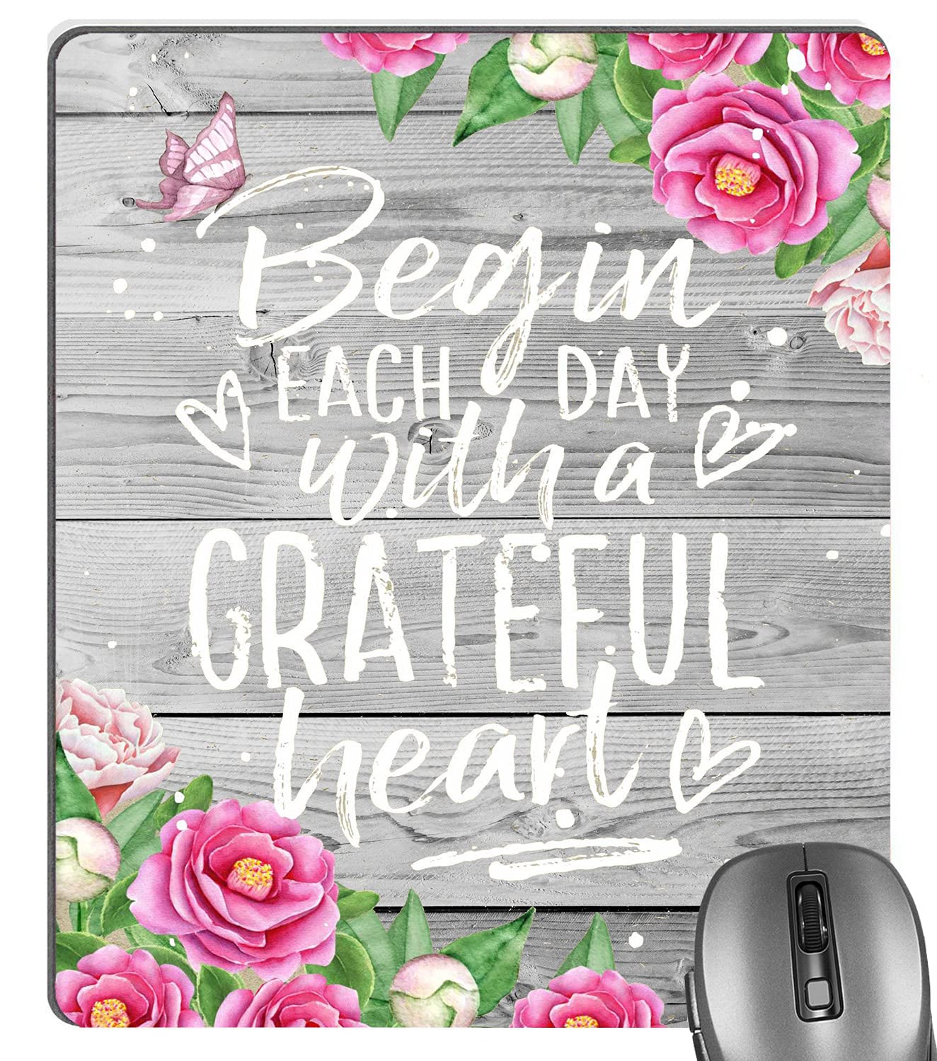 Knseva Inspirational Mouse Pad - 'Begin Each Day with A Grateful Heart' Motivational Quote, Hot Pink Flowers & Butterfly Rustic Design on White Grey Wood Print - Perfect for Office, Home Desk, and Workspace Motivation