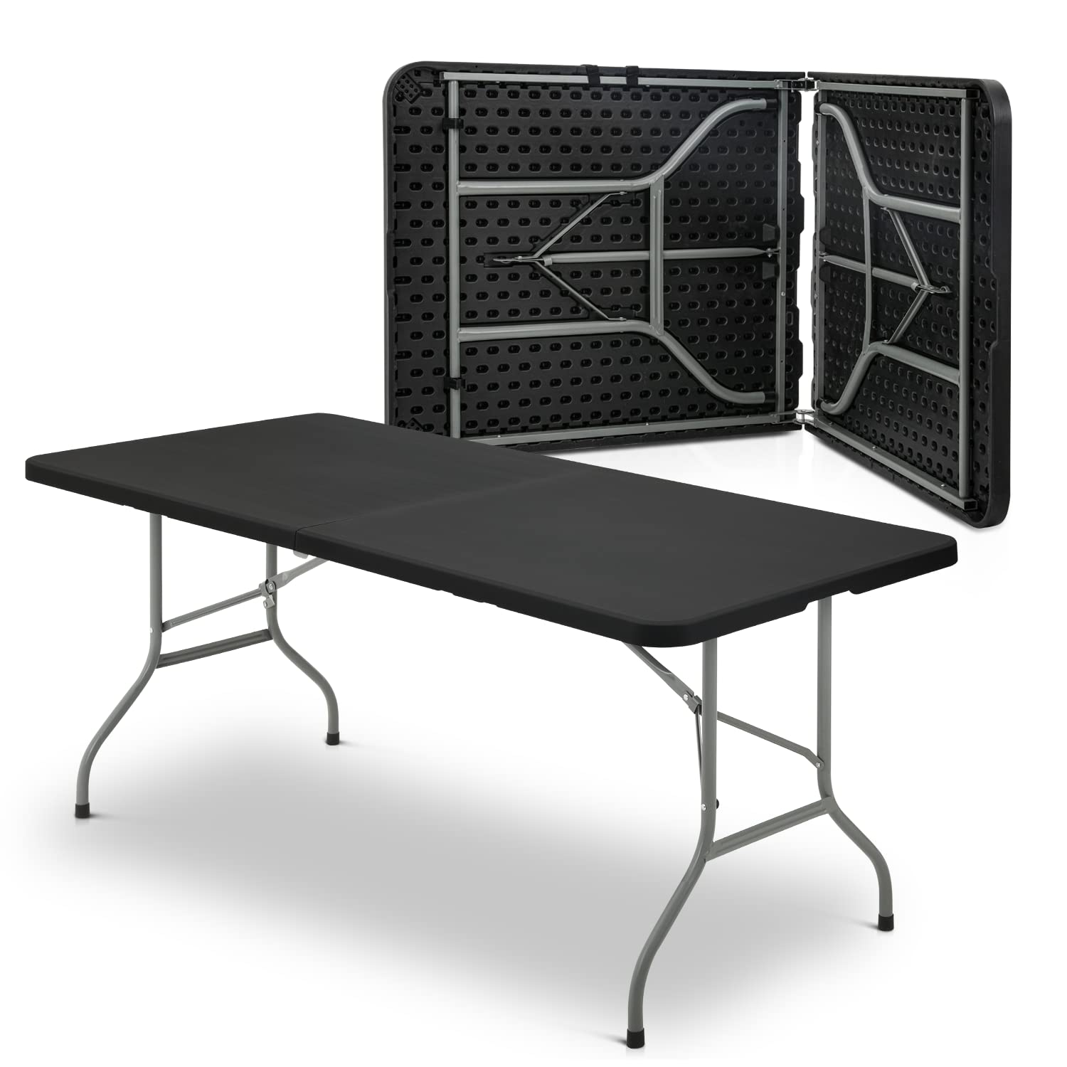 MoNiBloom 6Ft Folding Table - Heavy Duty Portable Plastic Dining Table with Handle & Lock, Fold in Half for Indoor Outdoor Use - Perfect for Camping, Picnic, Party, BBQ, and Home Office (Black)