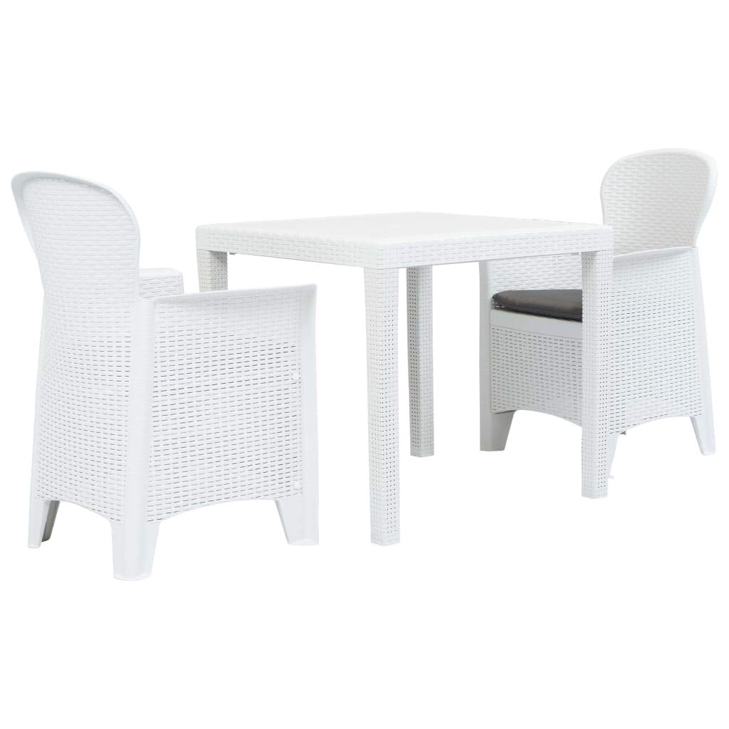 3-Piece White Rattan Look Bistro Set - Plastic Outdoor Patio Furniture with Cushions for Small Balcony, Garden, Backyard | Perfect for Dining, Relaxing & Outdoor Entertaining