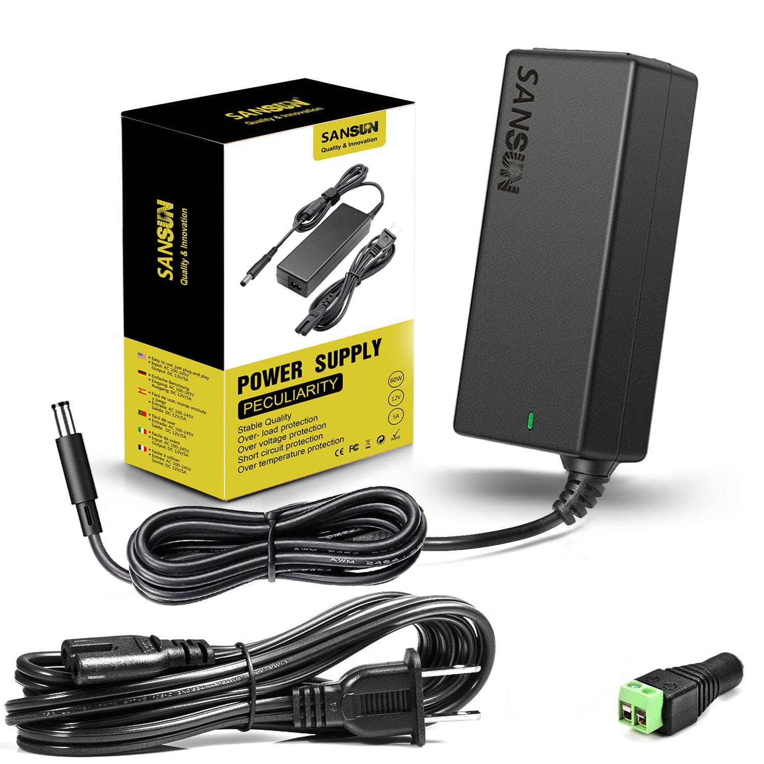 12V 5A Power Supply Adapter - 60W AC 120V to DC 12V Converter with 5.5x2.1mm Jack - Universal 12 Volt LED Driver & Transformer for LED Strip Lights, CCTV Cameras, Hard Drives, Monitors - Perfect for Home Security Systems & DIY Lighting Projects (1 Pack)